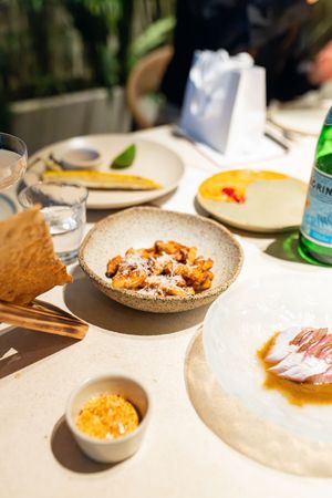 Elegant plated dishes with garnishes served on textured ceramic plates.