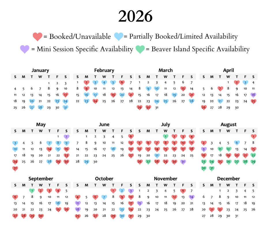 2026 photography booking calendar showing availability with color-coded hearts for booked, partial, mini session, and Beaver Island dates.