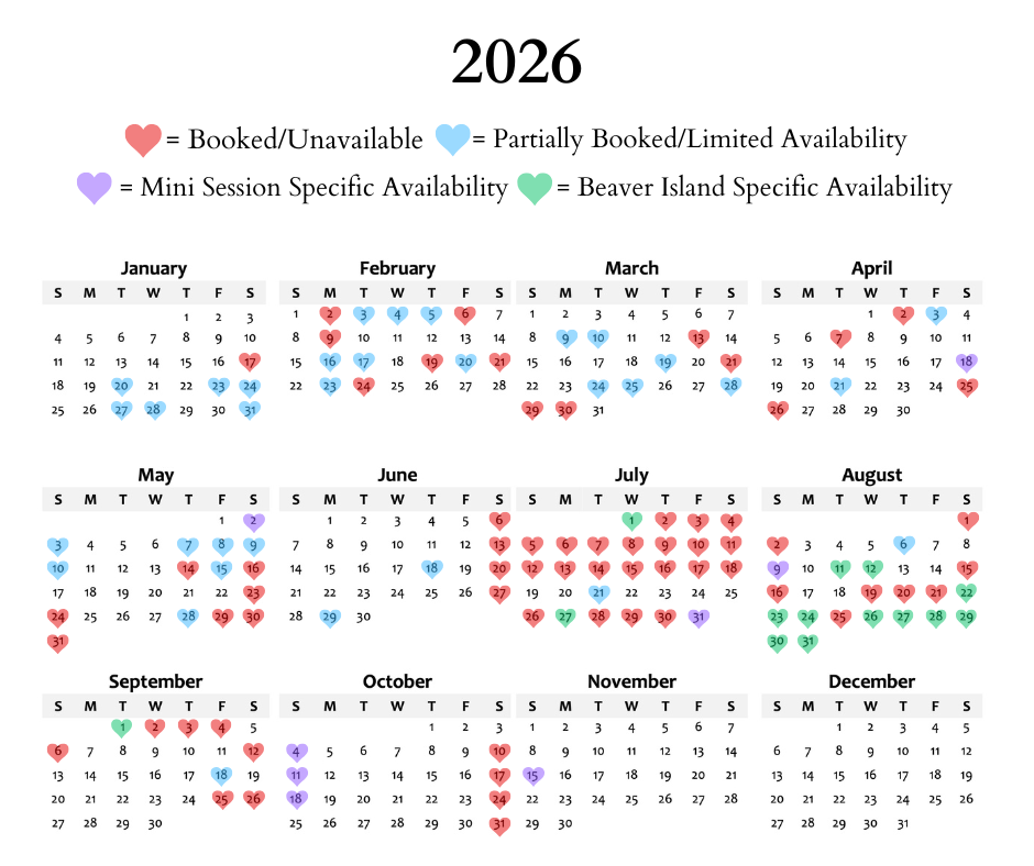 2026 photography calendar showing booked, partial, mini session, and Beaver Island availability marked with colored hearts.