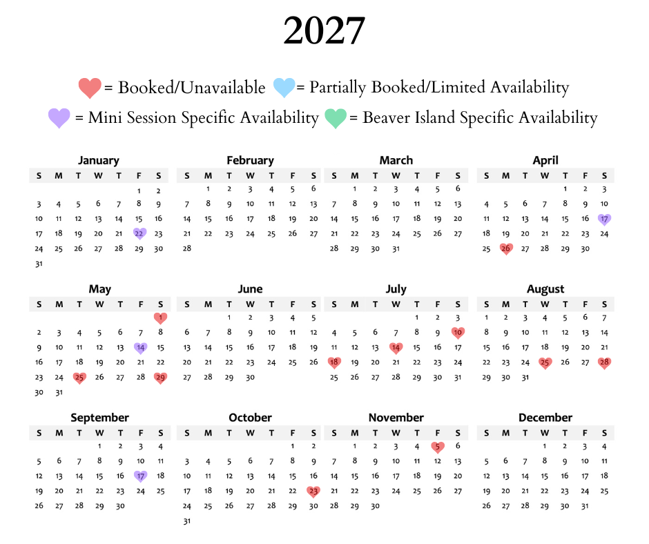 2027 photography booking calendar showing availability with color-coded hearts for booked, partial, mini, and Beaver Island sessions.