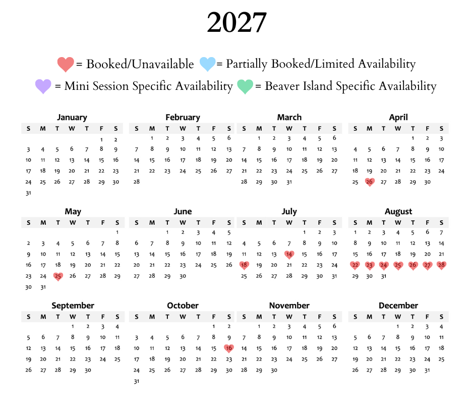 2027 photography booking calendar showing availability with color-coded hearts for booked, partial, mini session, and Beaver Island dates.