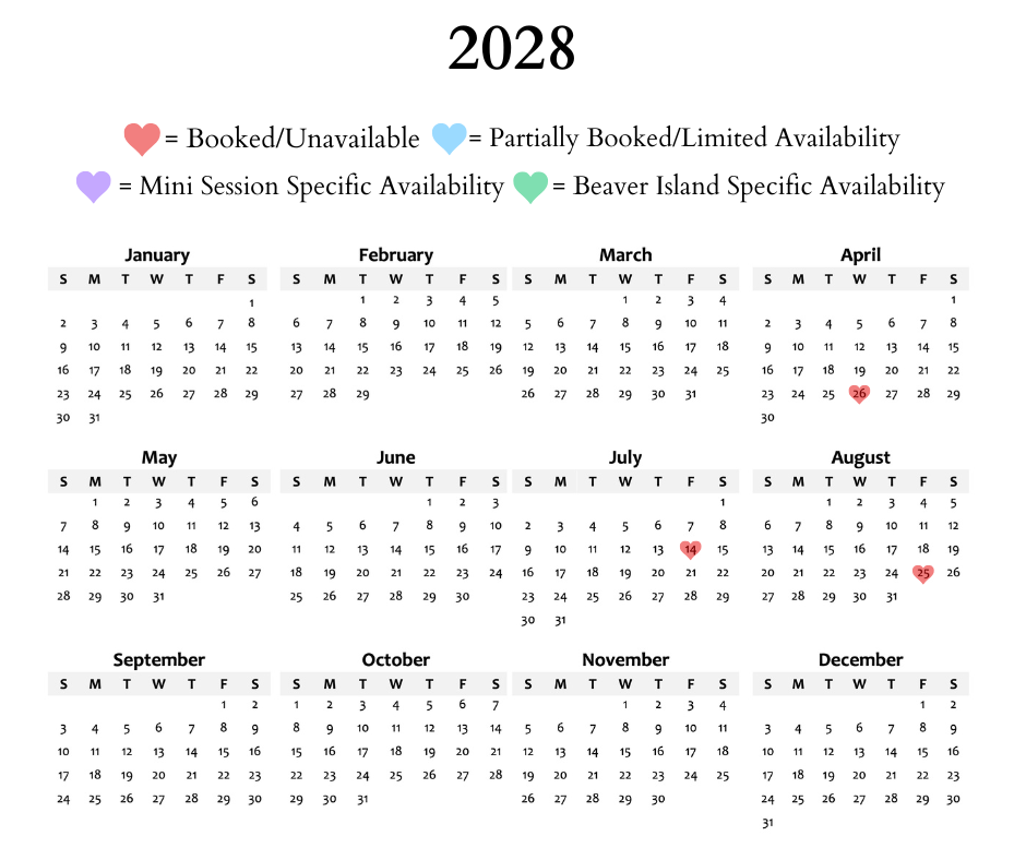 2028 photography booking calendar showing availability with color-coded dates for sessions, mini sessions, and Beaver Island bookings.