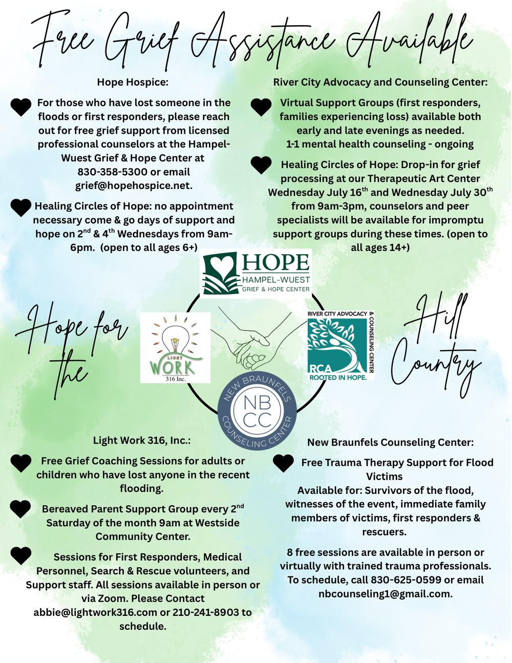 A green and white informational flyer showing various support group meeting times and locations at a counseling center.