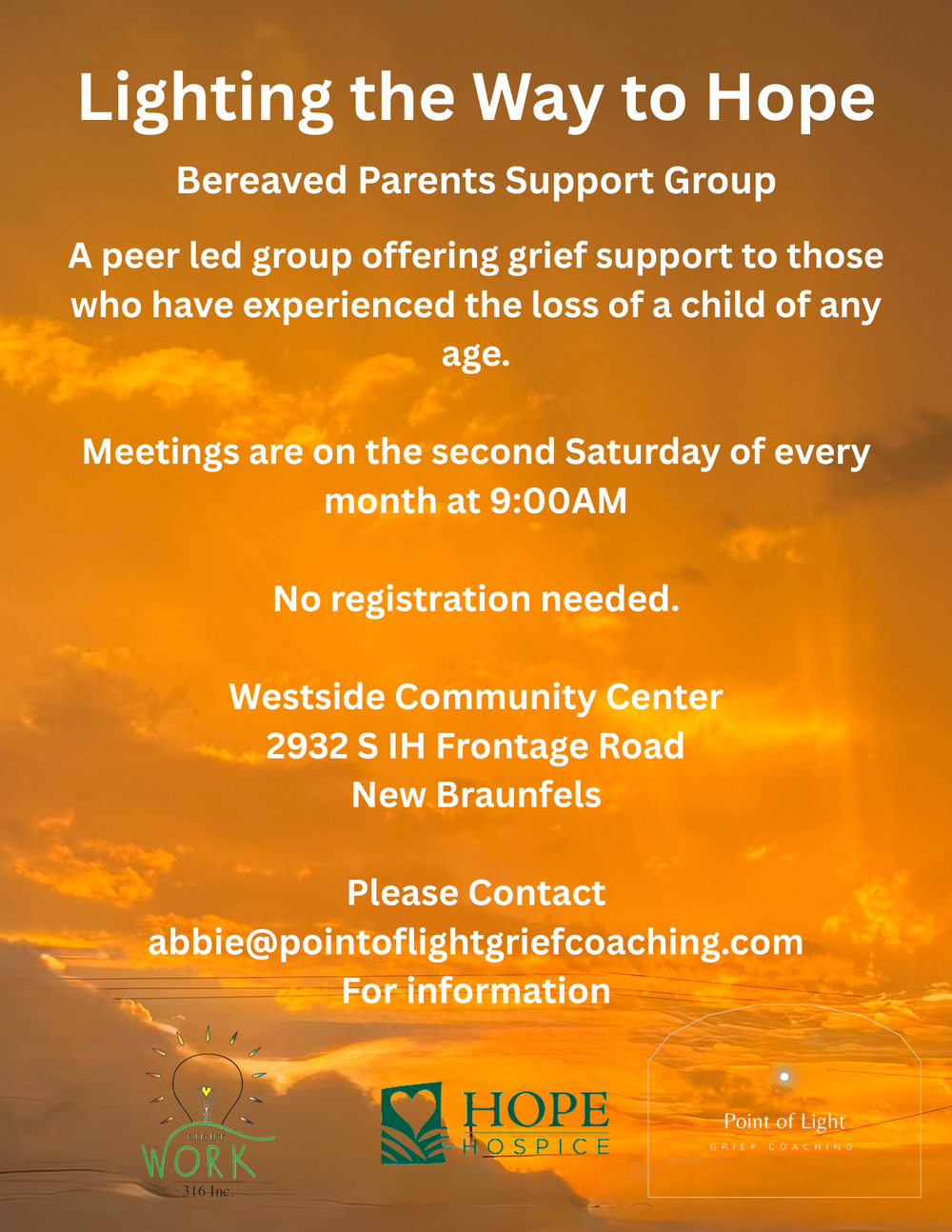 A sunset sky with orange clouds above text advertising a bereavement support group meeting at a community center.