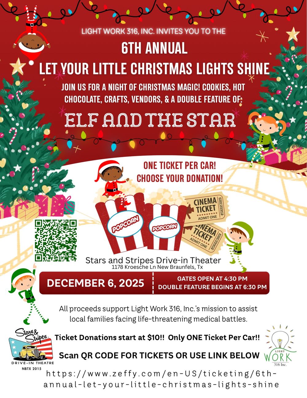 A festive Christmas event poster featuring elves, trees, and string lights advertising a theater show called 'Elf and the Star'.