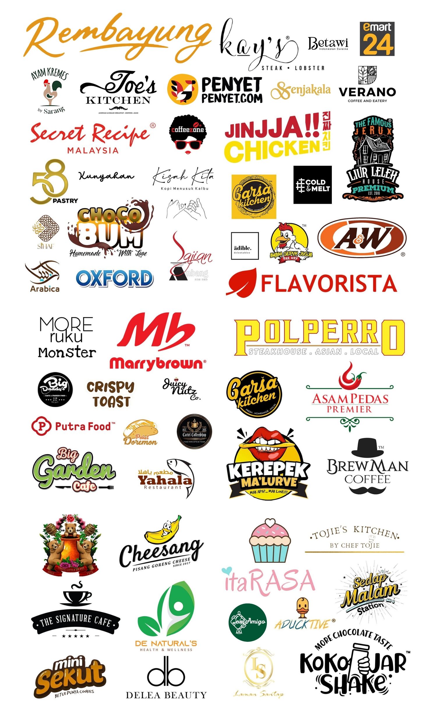 Collection of various food and beverage brand logos arranged in a collage style layout.
