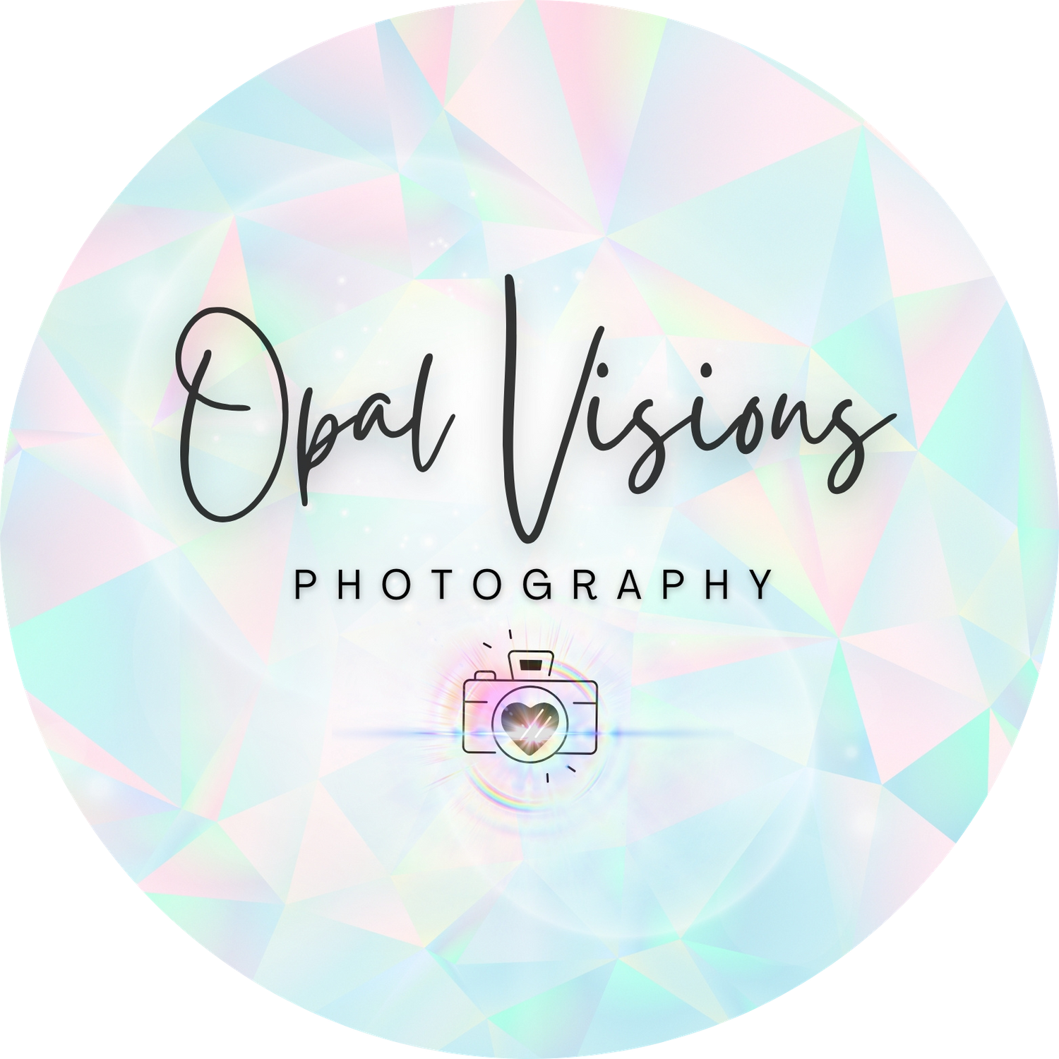 Opal Visions Photography logo with camera icon on pastel blue and pink watercolor background.
