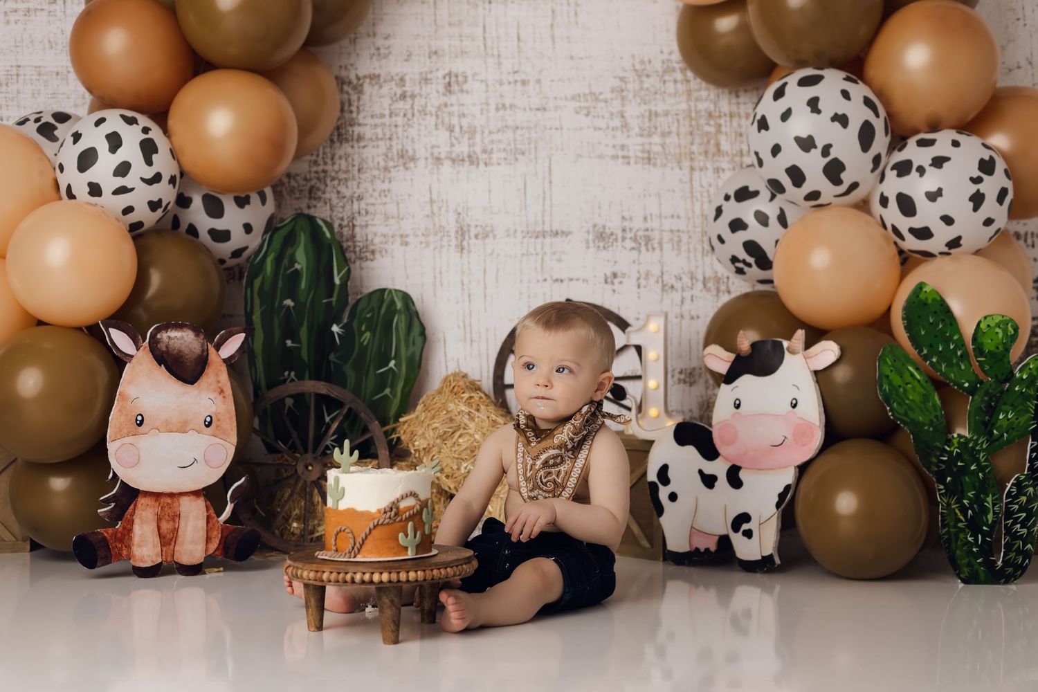 A baby's first birthday cake smash portrait and a custom farm theme background in Karina Endsley Photography's studio.