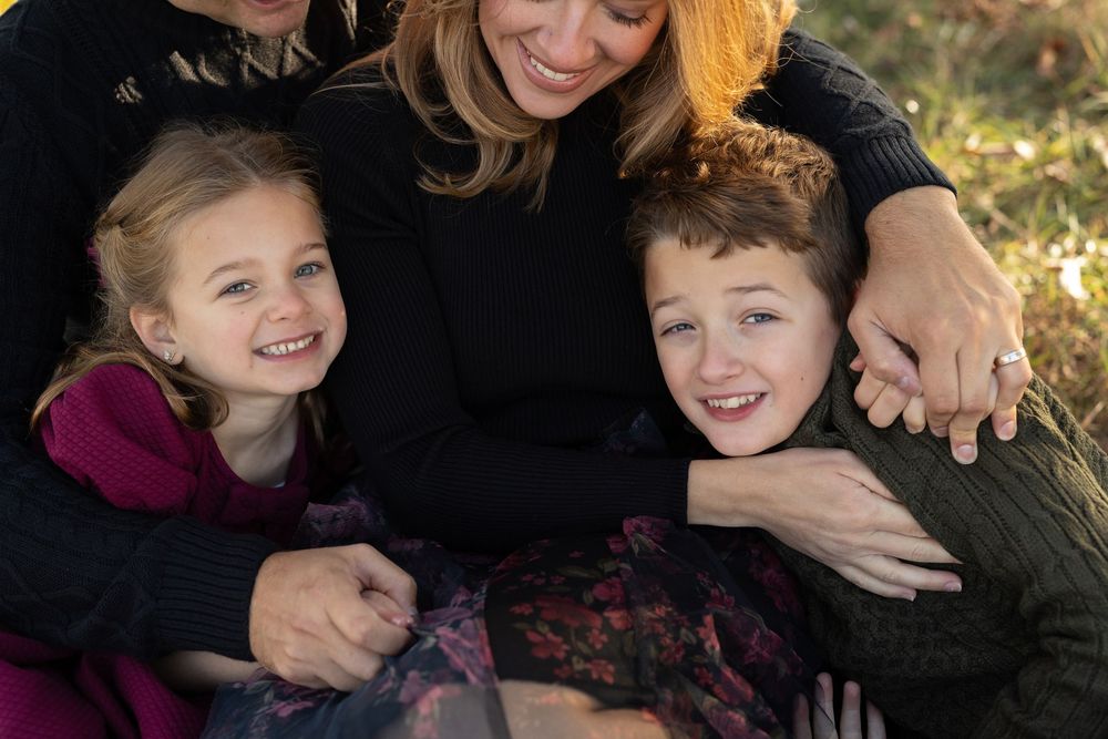 A series of candid outdoor family photos taken in warm natural lighting during a photo session.