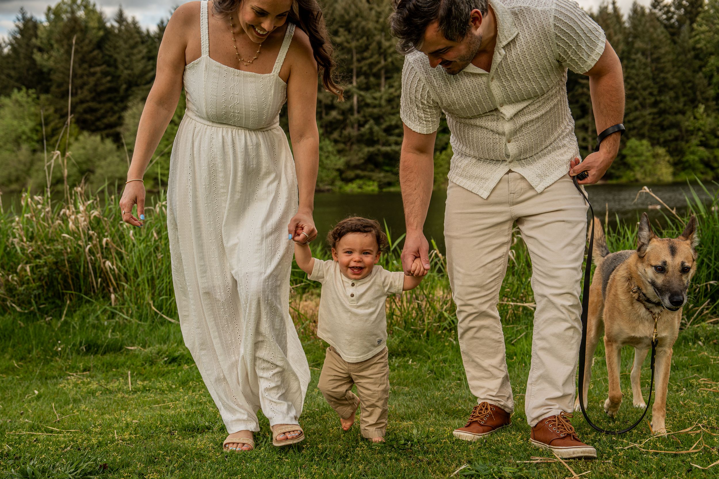 Happy family with baby taking first steps on green grass, parents holding hands, dog on leash, outdoor nature setting.