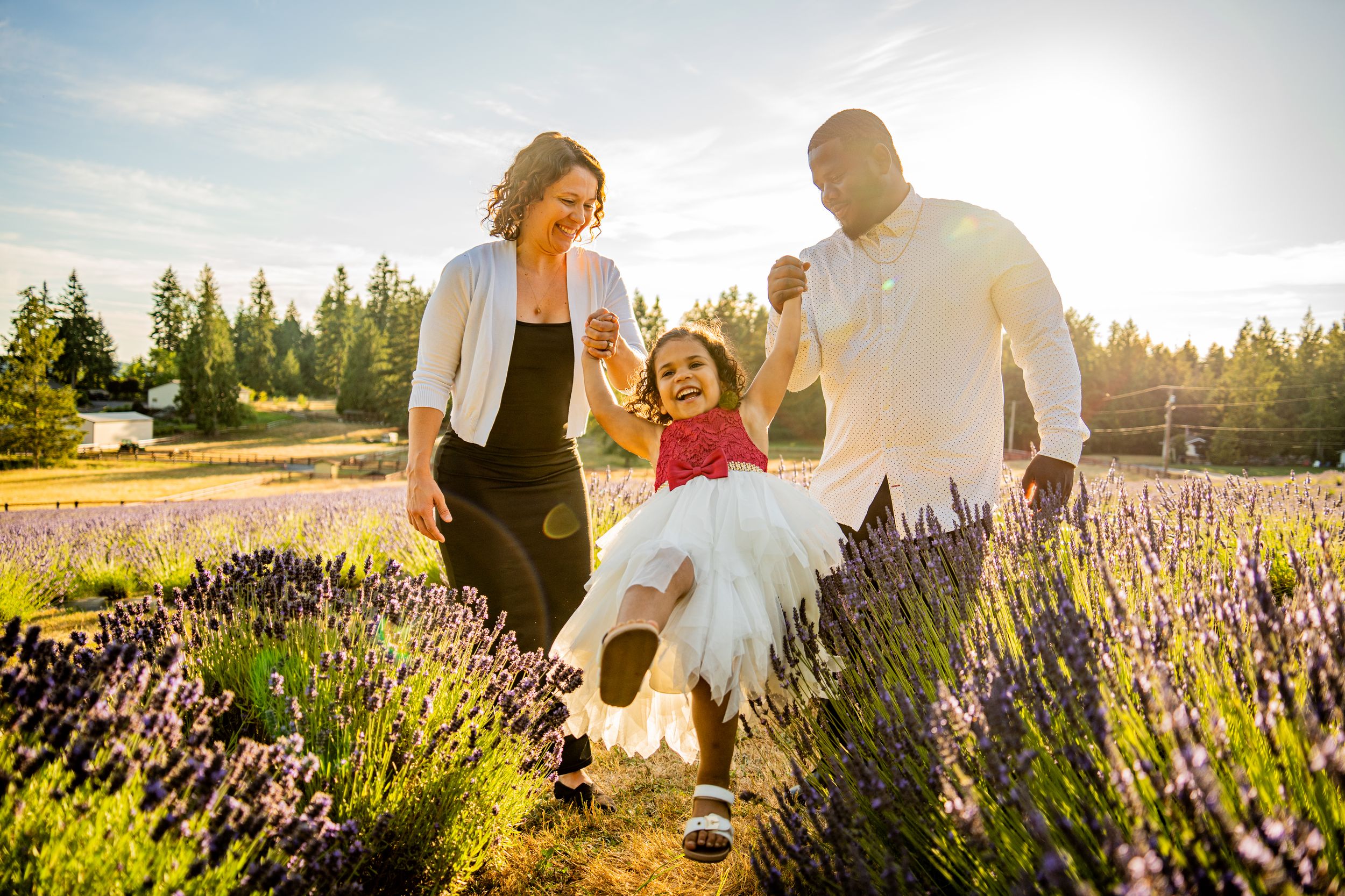 A family enjoying a summer evening together in a blooming lavender field at sunset.
