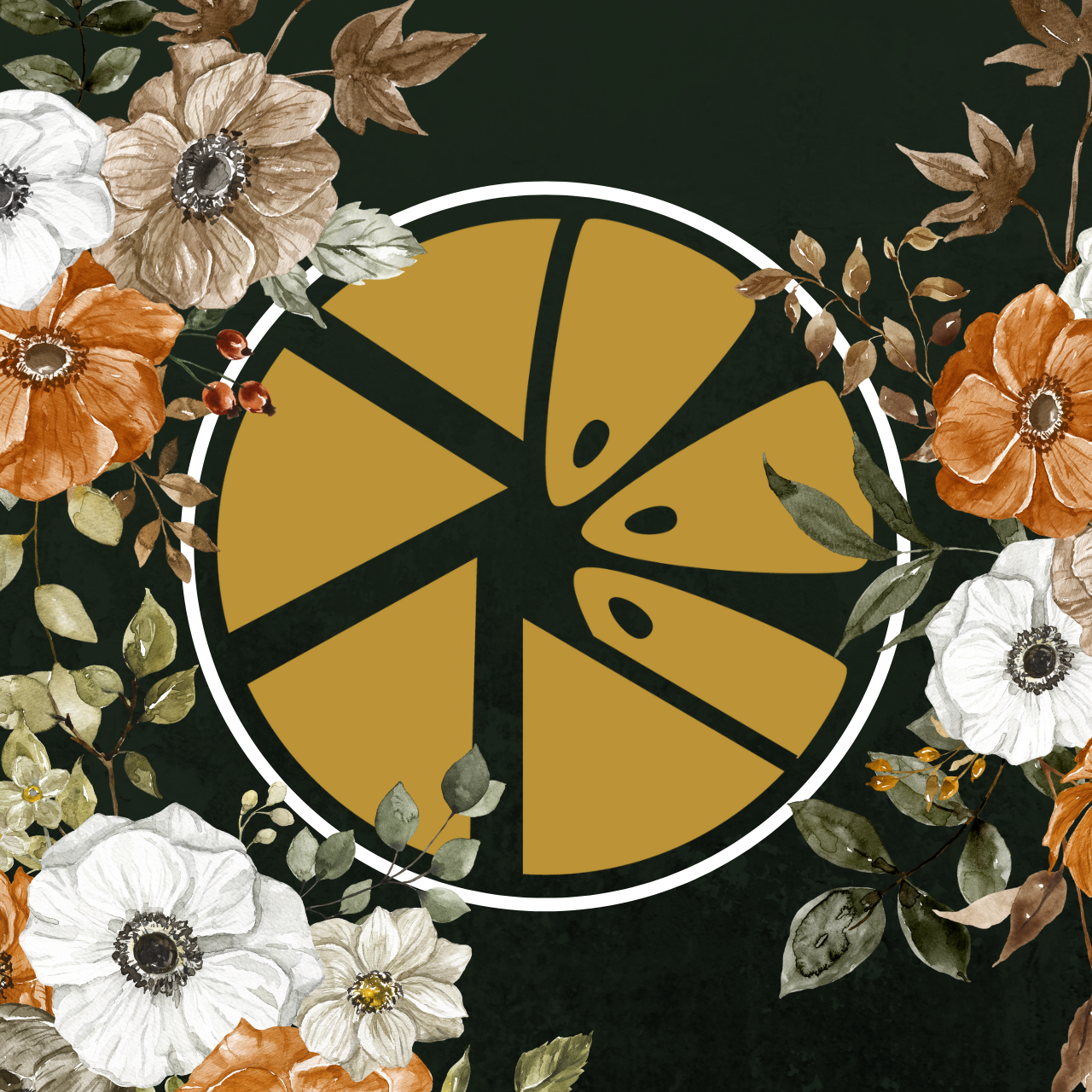 Decorative floral pattern with white and orange flowers on a dark background with geometric circle designs.