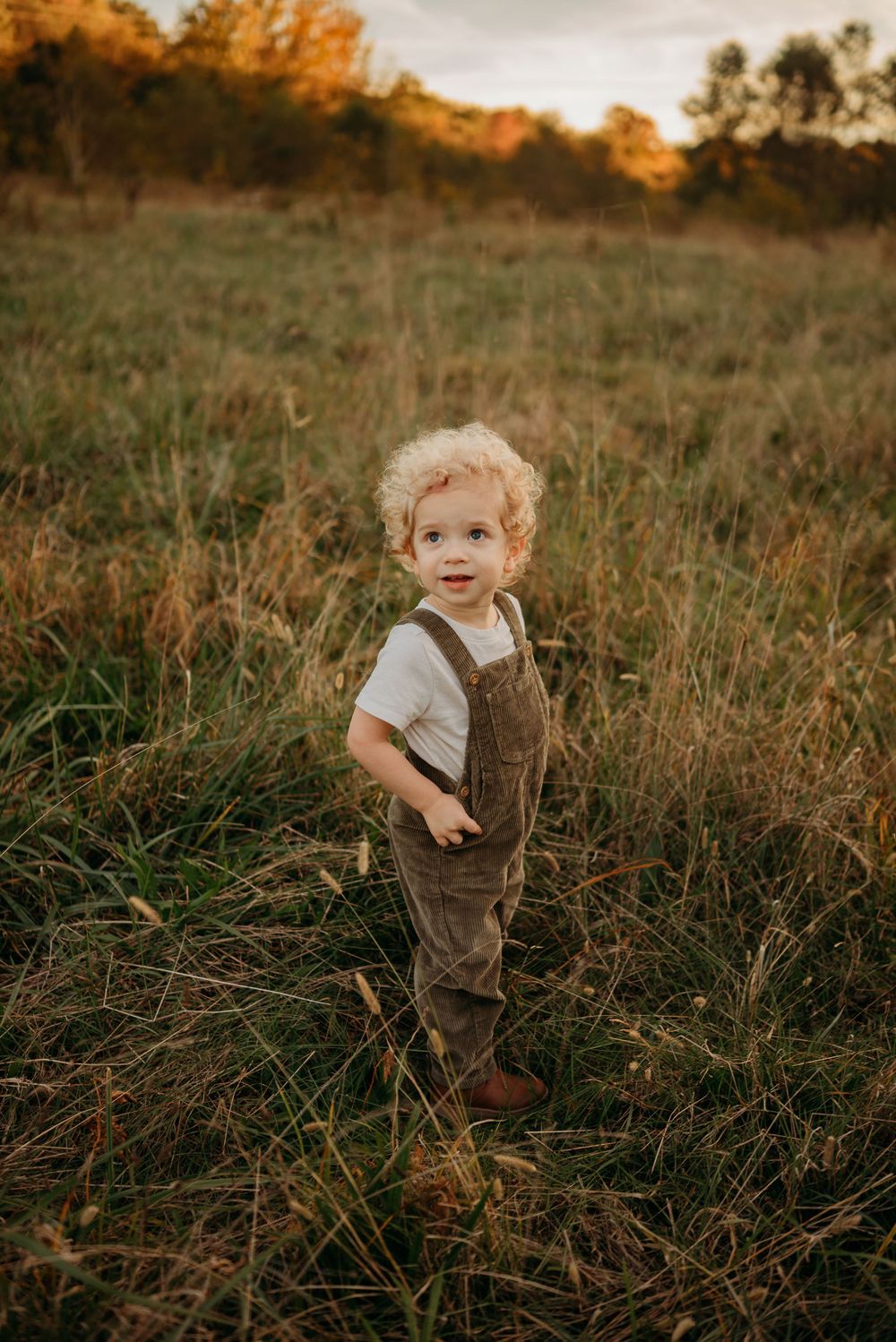 Toddler boy in overalls looks over his shoulder in a field at sunset. Photo by Disney Magic Photography Clarksville, TN.