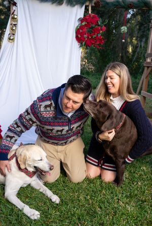 Holiday family photos with dogs wearing matching winter sweaters outdoors with Christmas decorations.