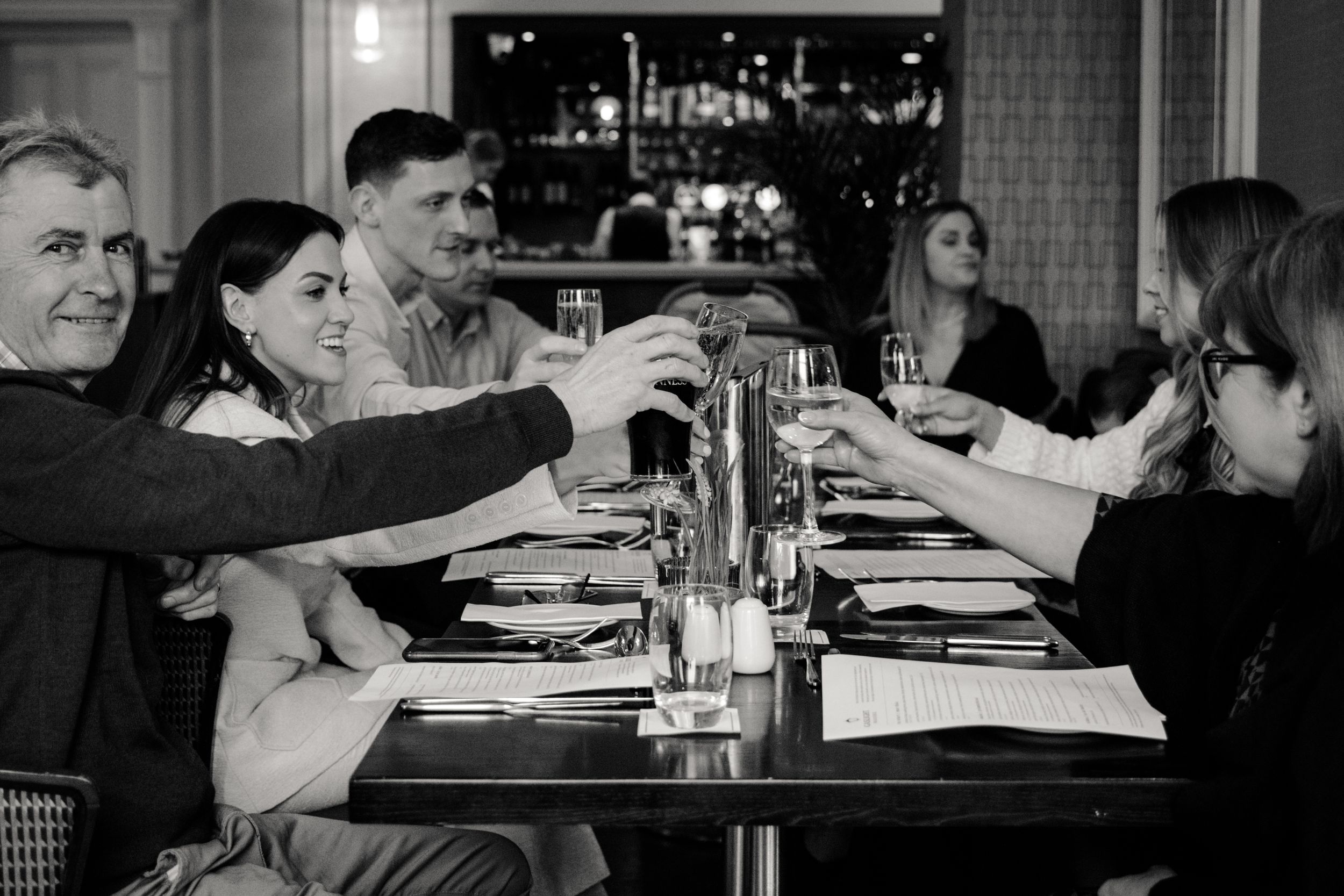 family eating dinner at Hardiman hotel in Galway, celebrating pre wedding day
