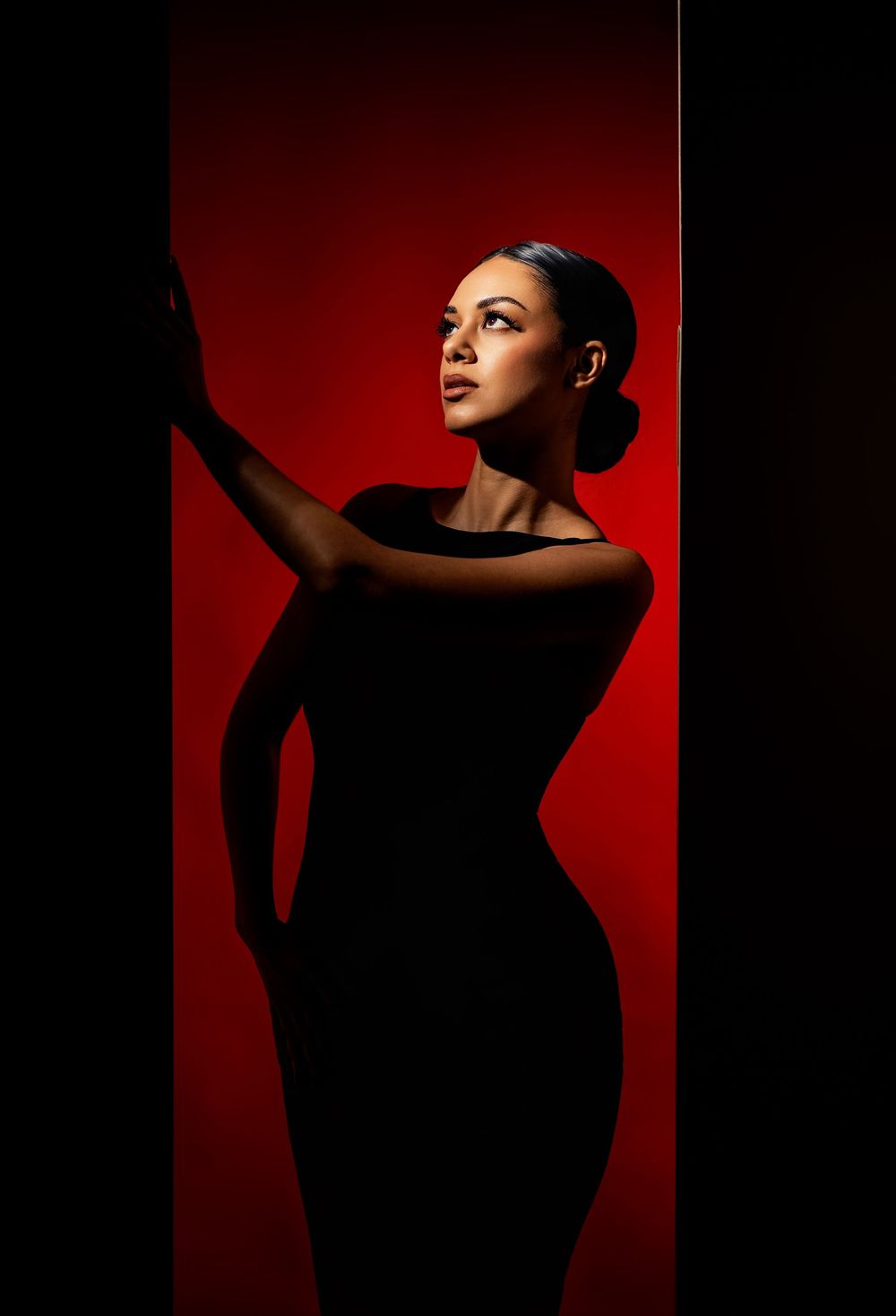 Dramatic studio portrait of woman in black dress posed against bold red background with shadow.