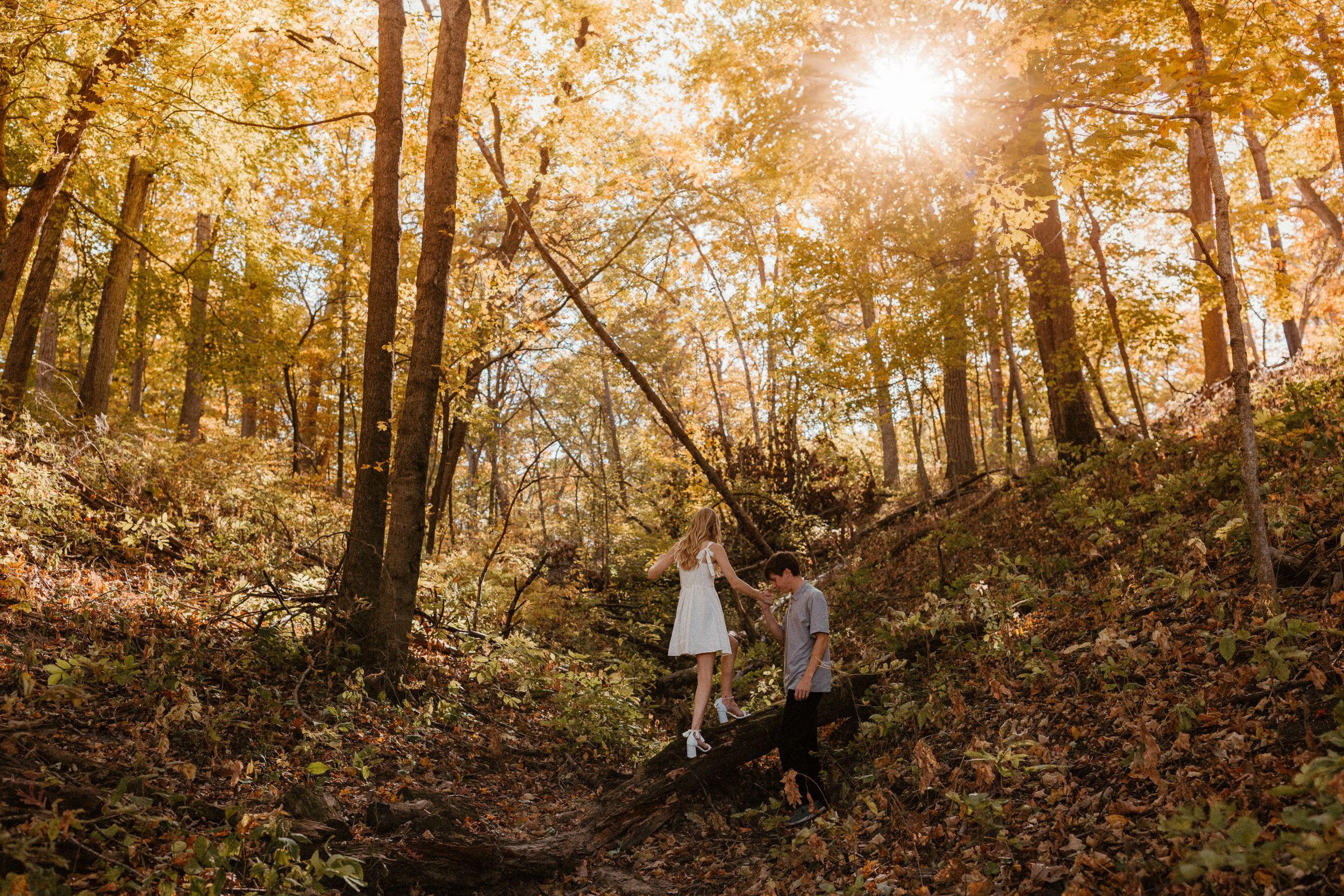 A family walking together on a sunlit autumn forest trail surrounded by golden leaves.