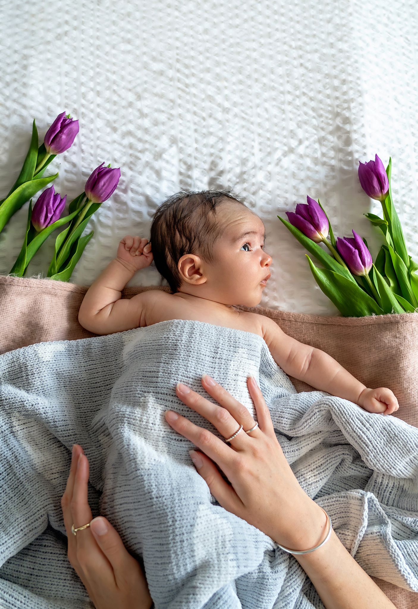 A baby posing with tulip flowers and mother's hands around in 
 Southampton, Hampshire, UK.