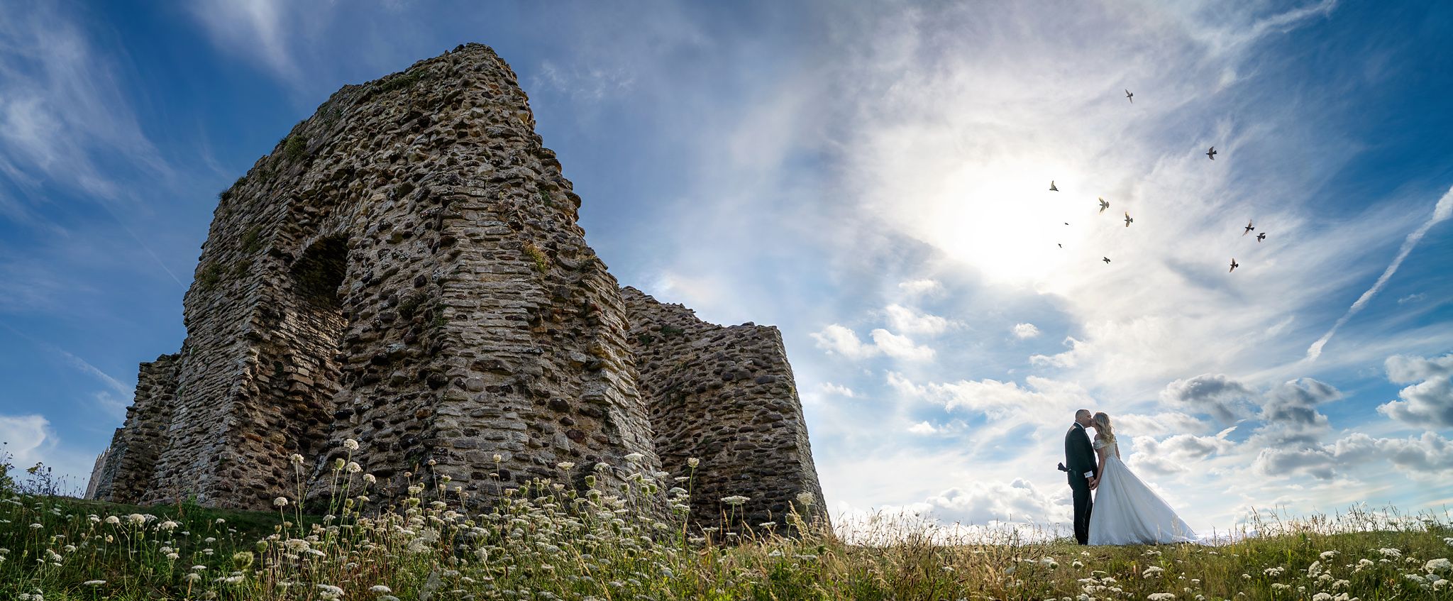 Dorset wedding portrait near castle ruins in Christchurch, UK. Birds in the sky and white flowers on the ground.