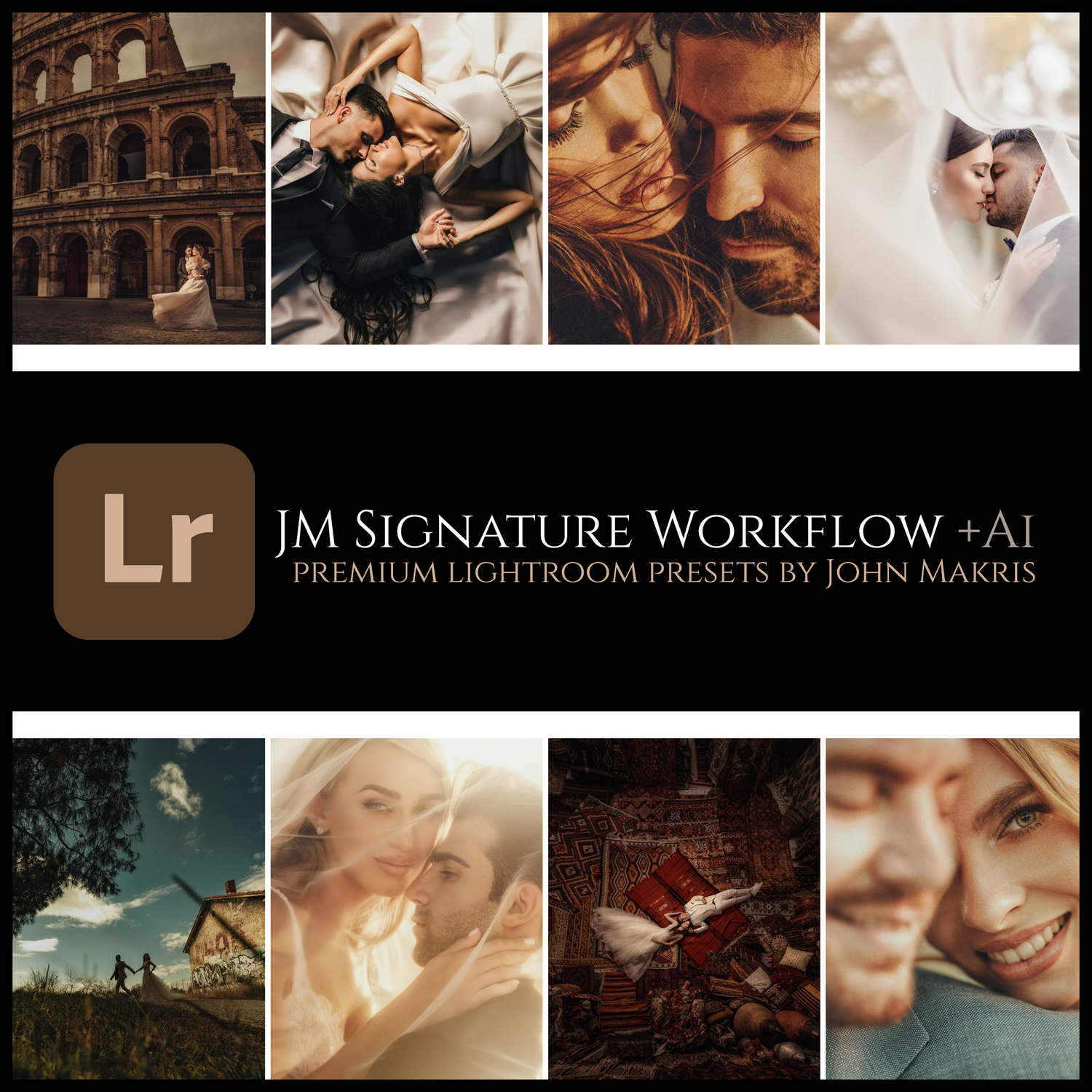 Collection of moody photo editing presets and Adobe Lightroom workflow tools displayed in a dark marketing banner.