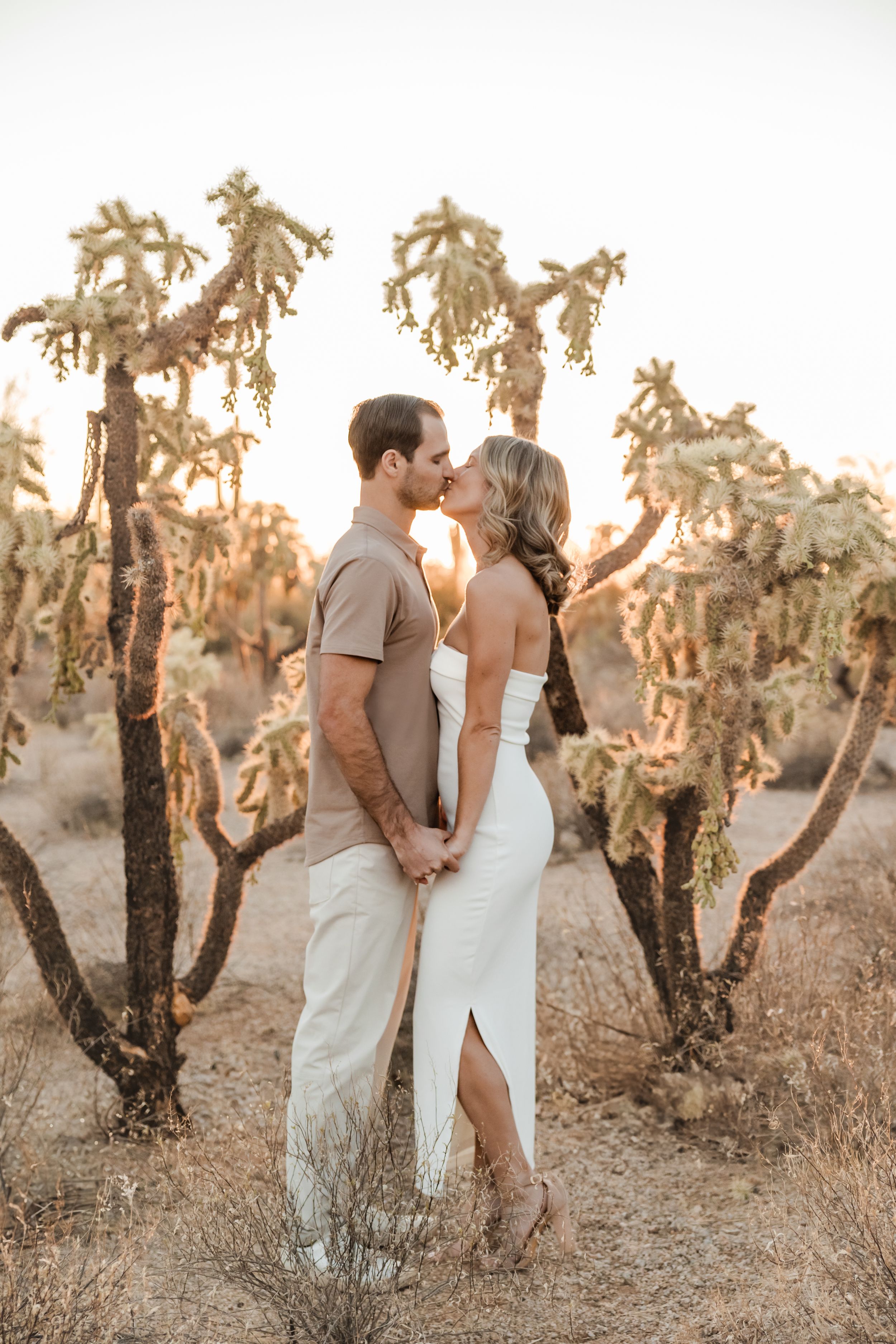 Romantic couple embraces among cholla cactus at golden hour in a desert setting during sunset.