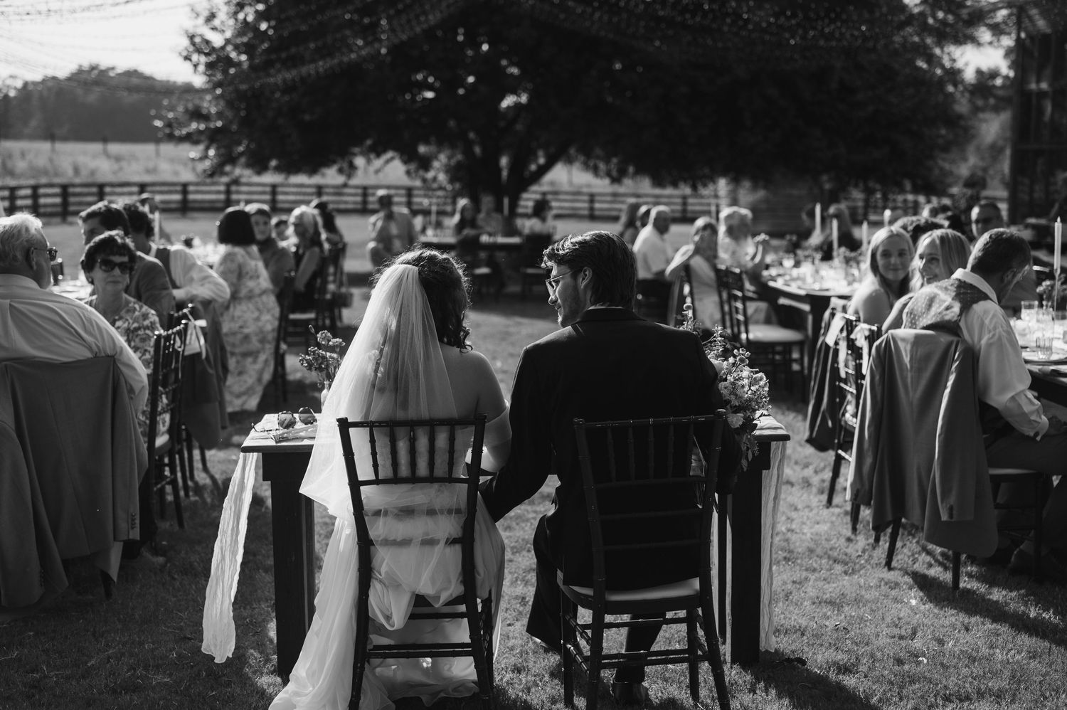 An outdoor wedding reception with guests seated at tables under trees.