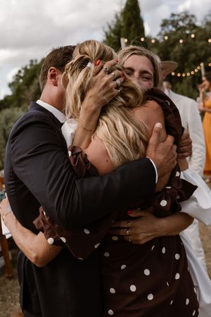 A series of romantic wedding kiss photos showing tender moments between couples with confetti falling in outdoor setting.