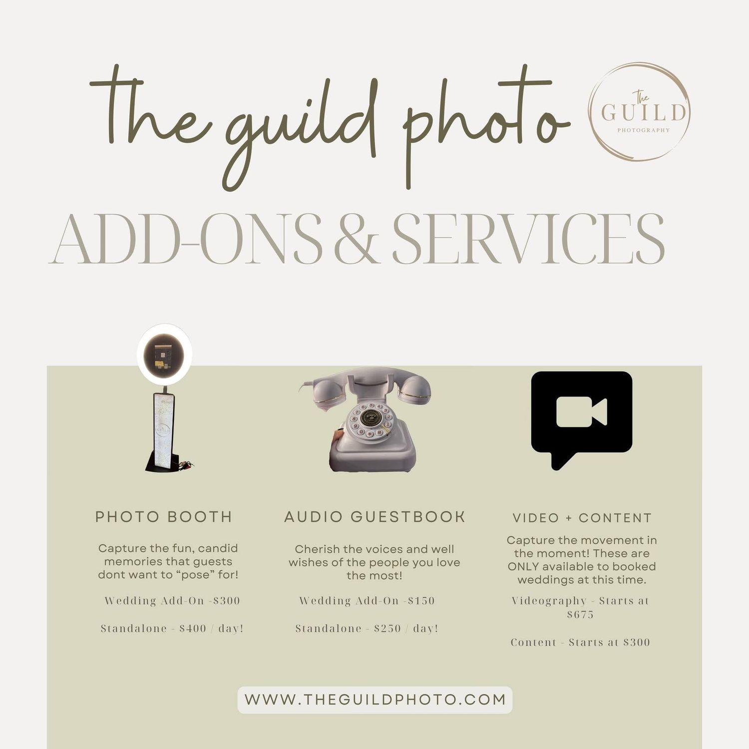 The Guild Photo add-ons and services promotional graphic featuring photo booth, audio guestbook, and video content options.
