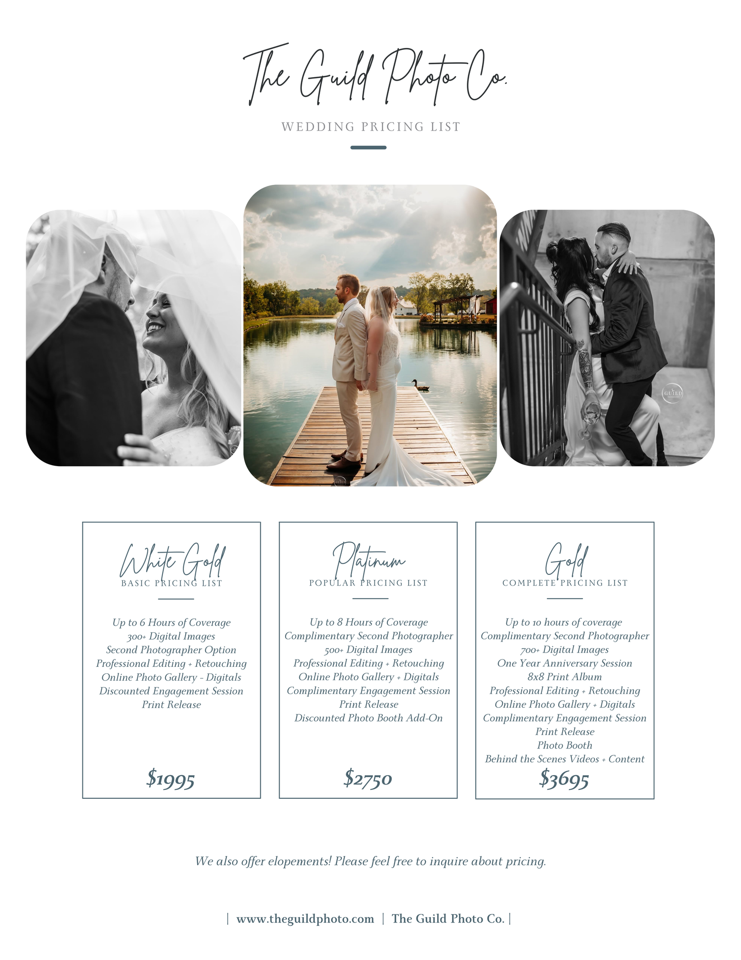 The Guild Photo Co. wedding photography pricing list featuring three packages starting at $1995.