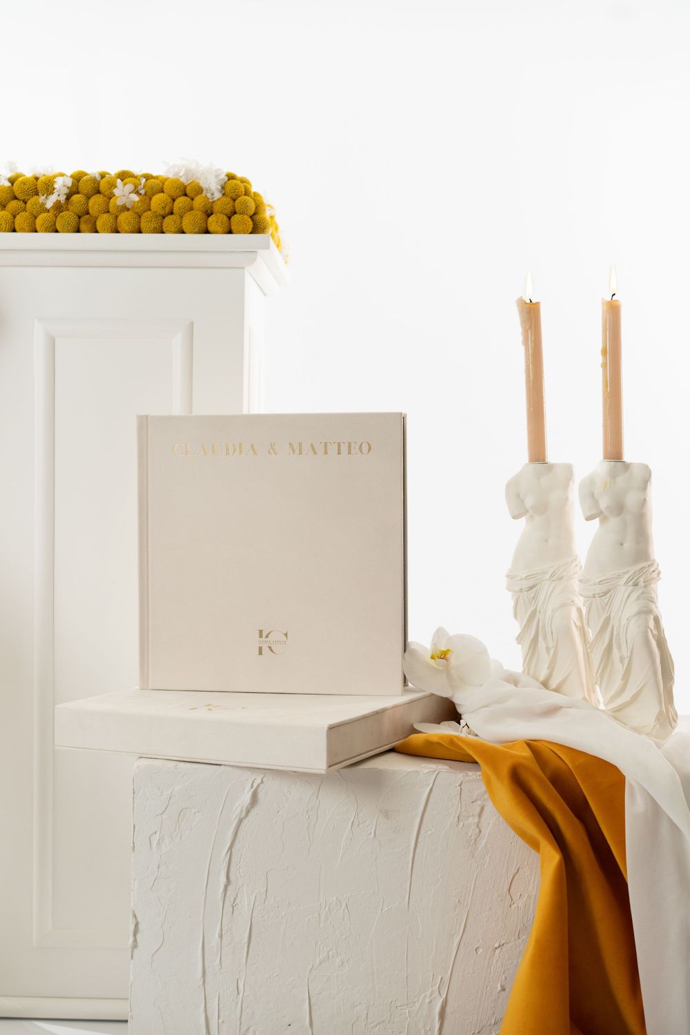 Luxury fine art wedding album with editorial pages and premium print design