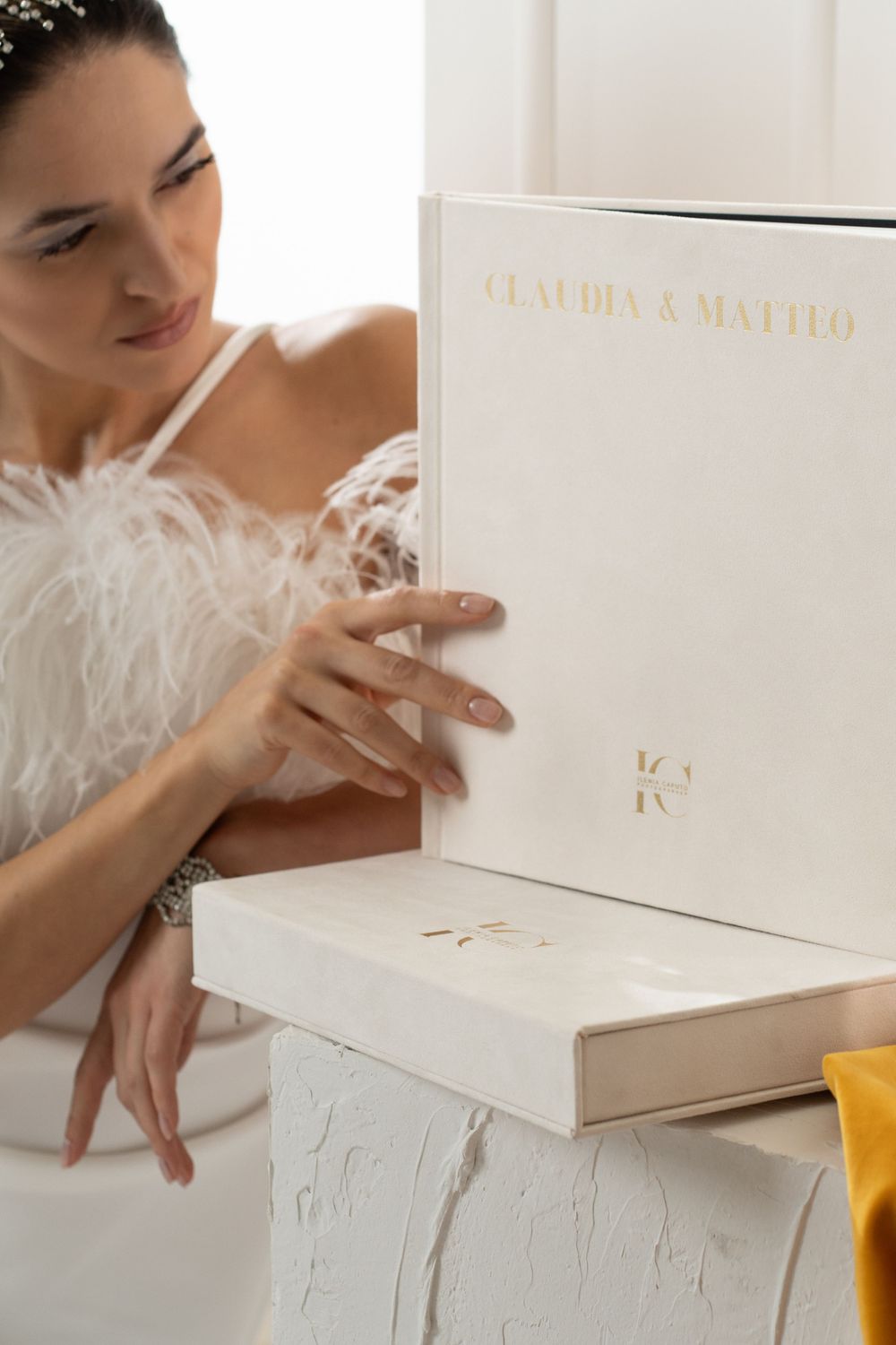 Luxury fine art wedding album with editorial pages and premium print design