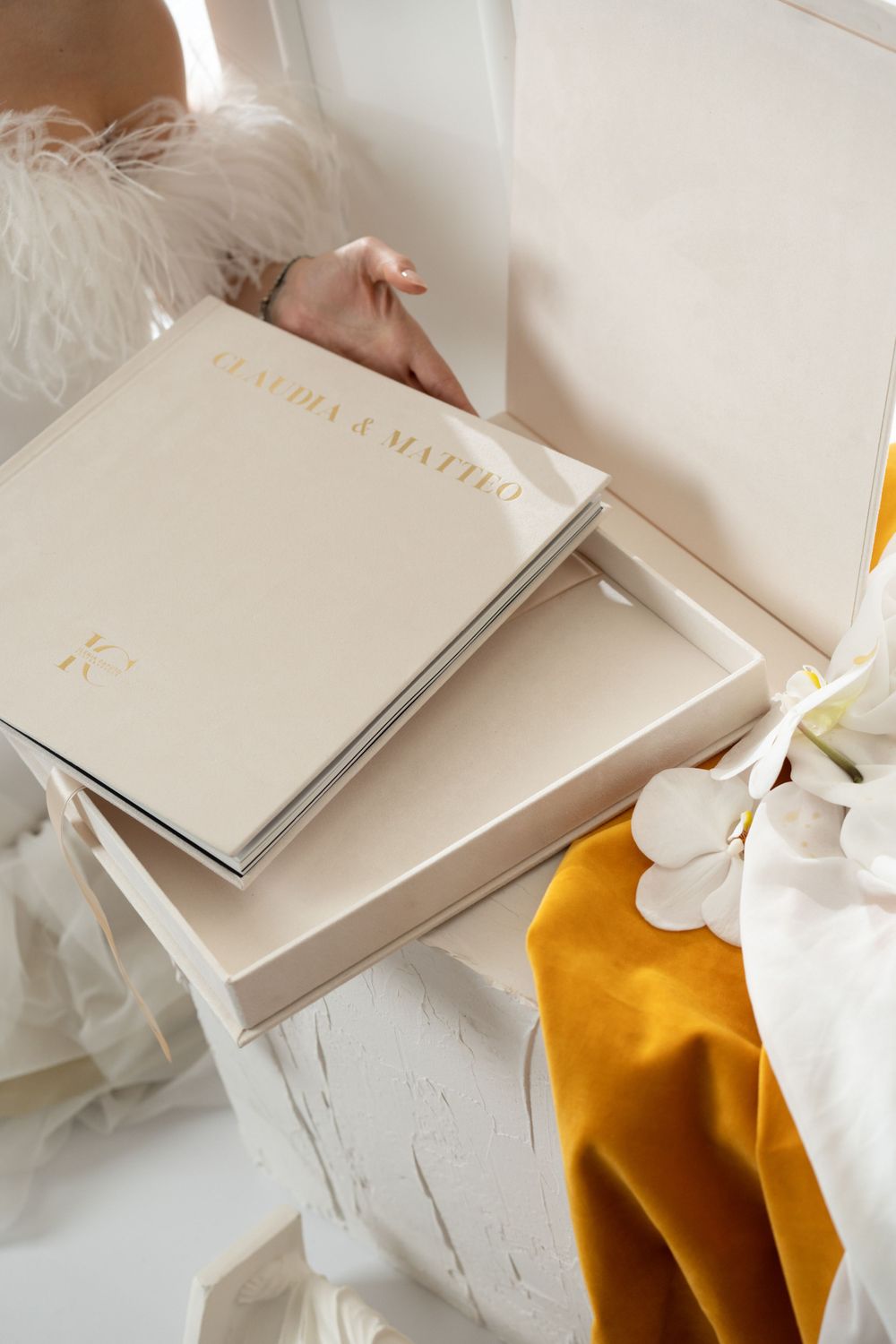 Luxury fine art wedding album with editorial pages and premium print design