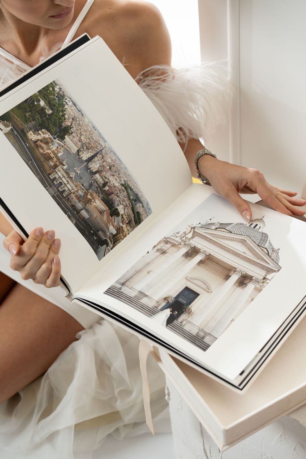 Luxury fine art wedding album with editorial pages and premium print design