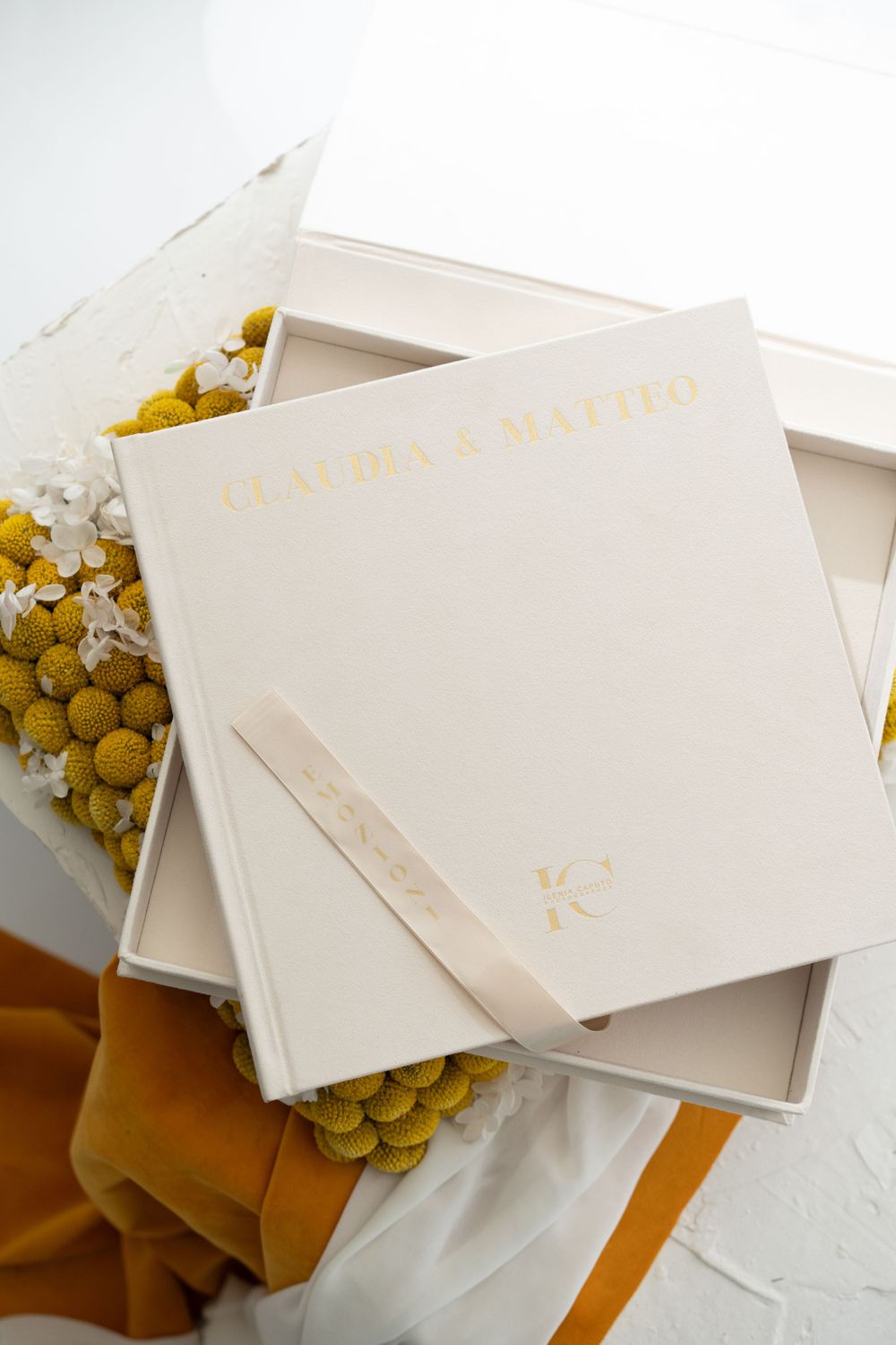 Luxury fine art wedding album with editorial pages and premium print design