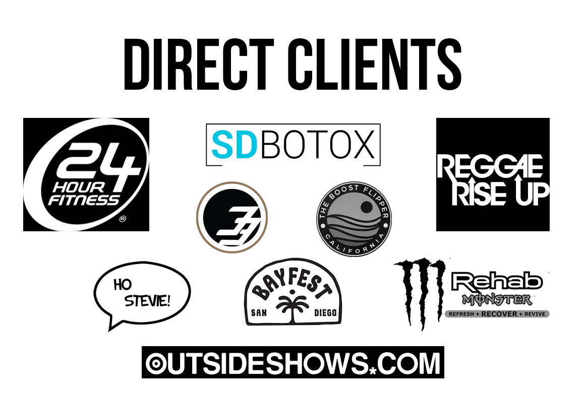 Graphic showing direct photography clients, including logos for 24 Hour Fitness, SDBotox, Reggae Rise Up, and San Diego Bayfest.