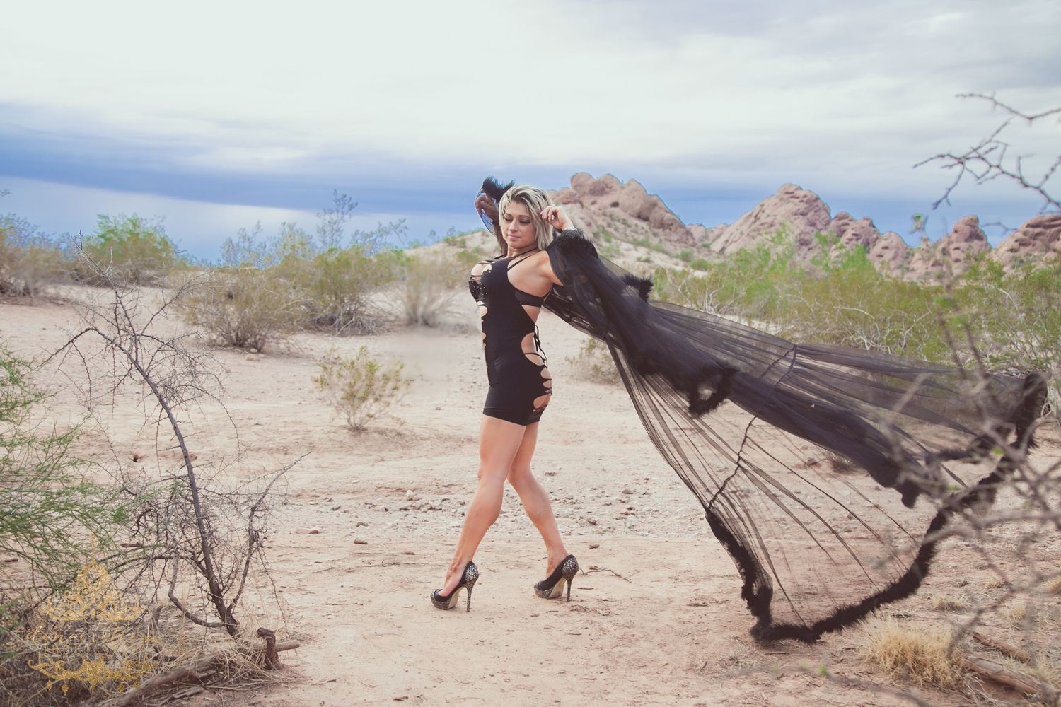 Blonde woman in black mini dress and heels holding flowing black fabric in a desert landscape with rocky formations.