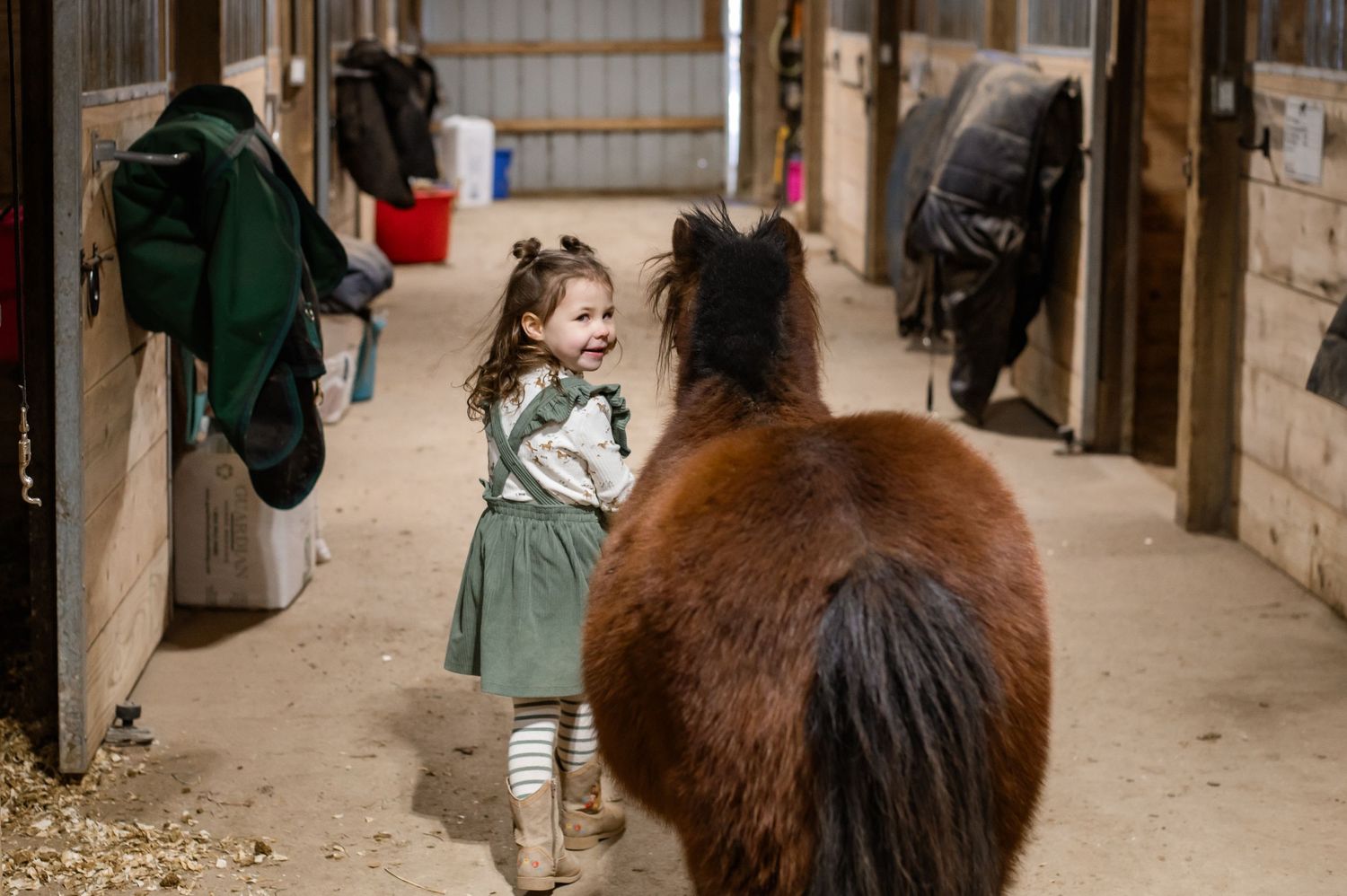 A view down a barn aisle showing a child walking with a pony.