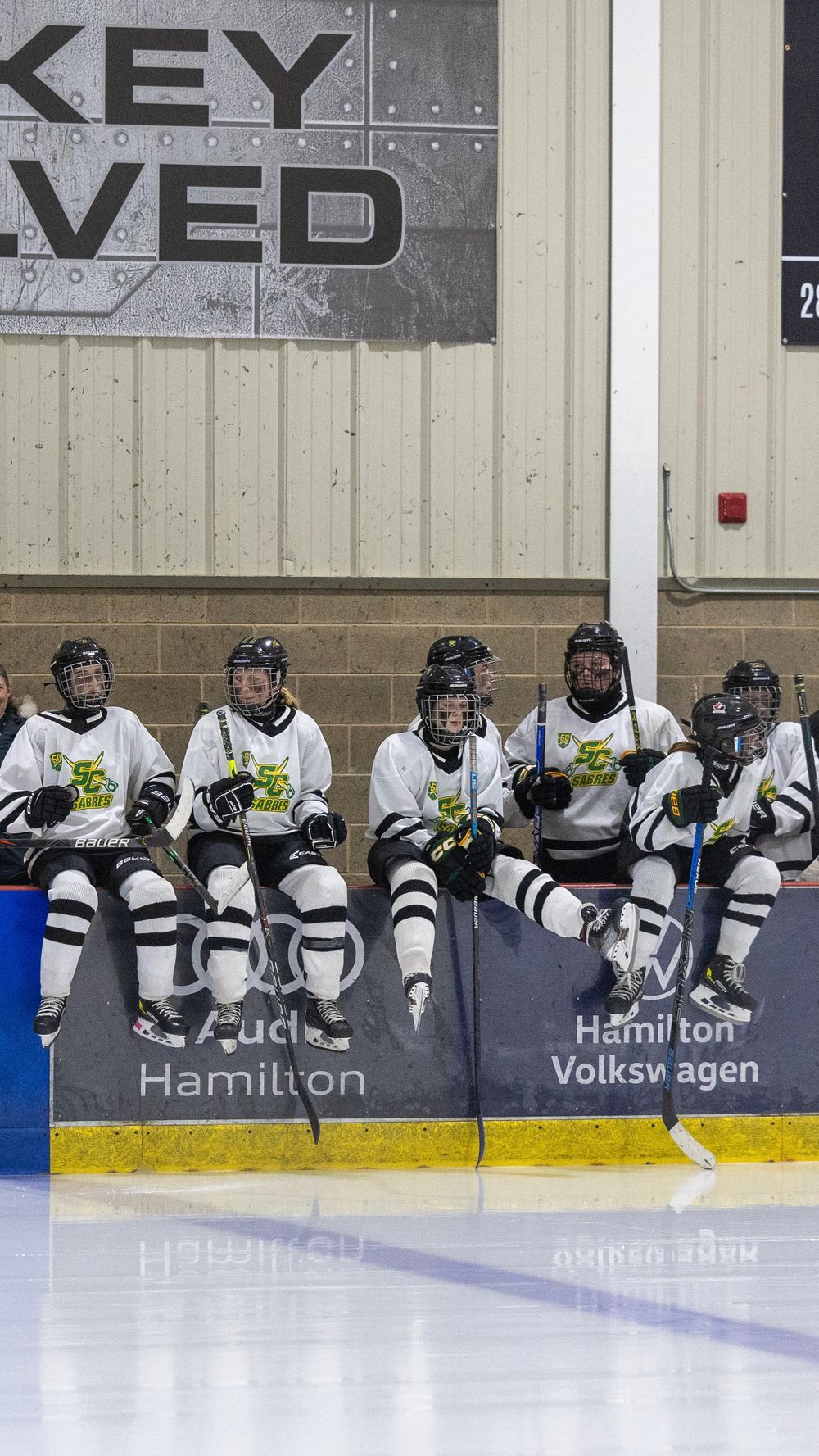 Stoney Creek Sabres Girls hockey players during game