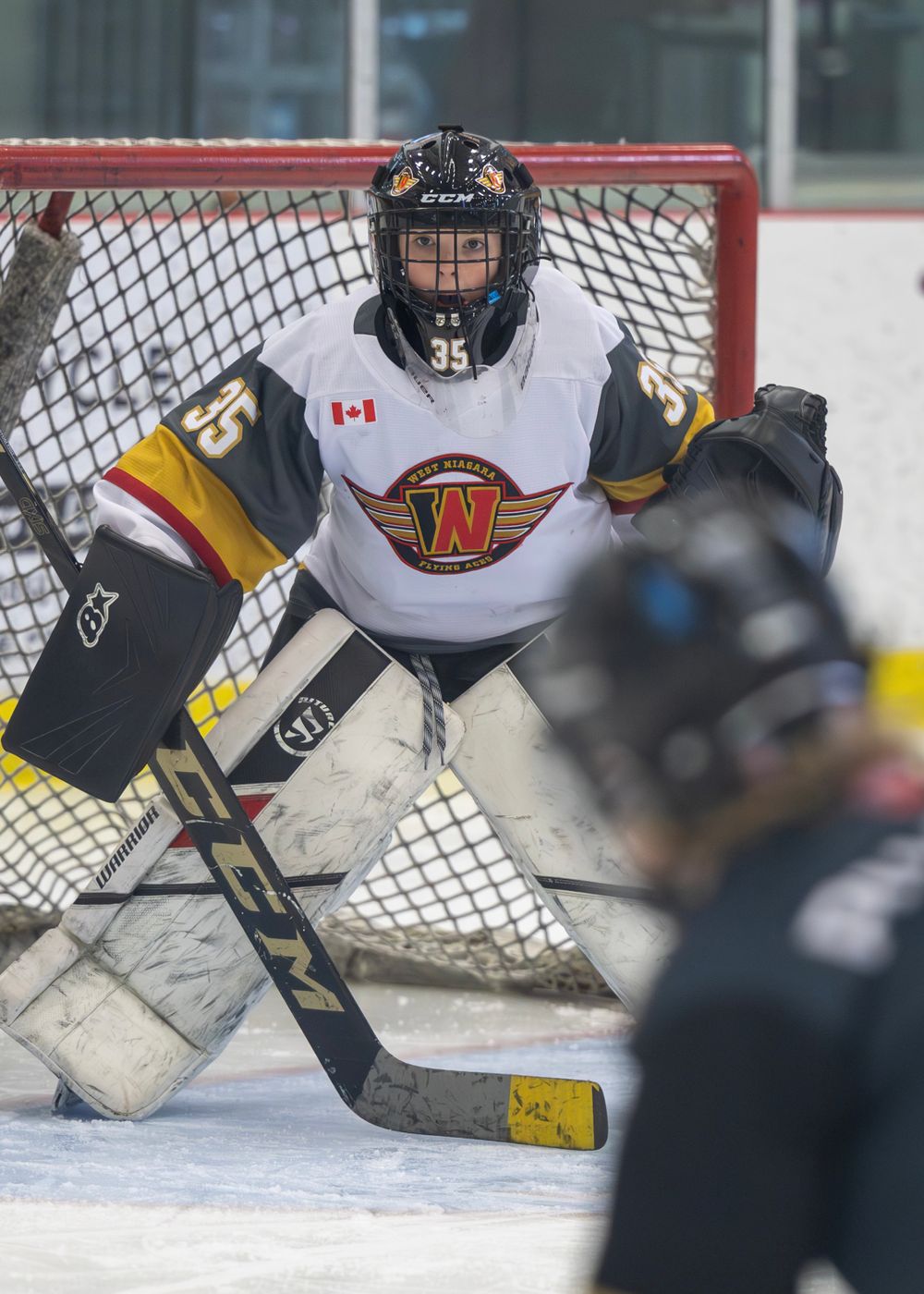 Grimsby boys hockey goalie making save Grimsby Niagara