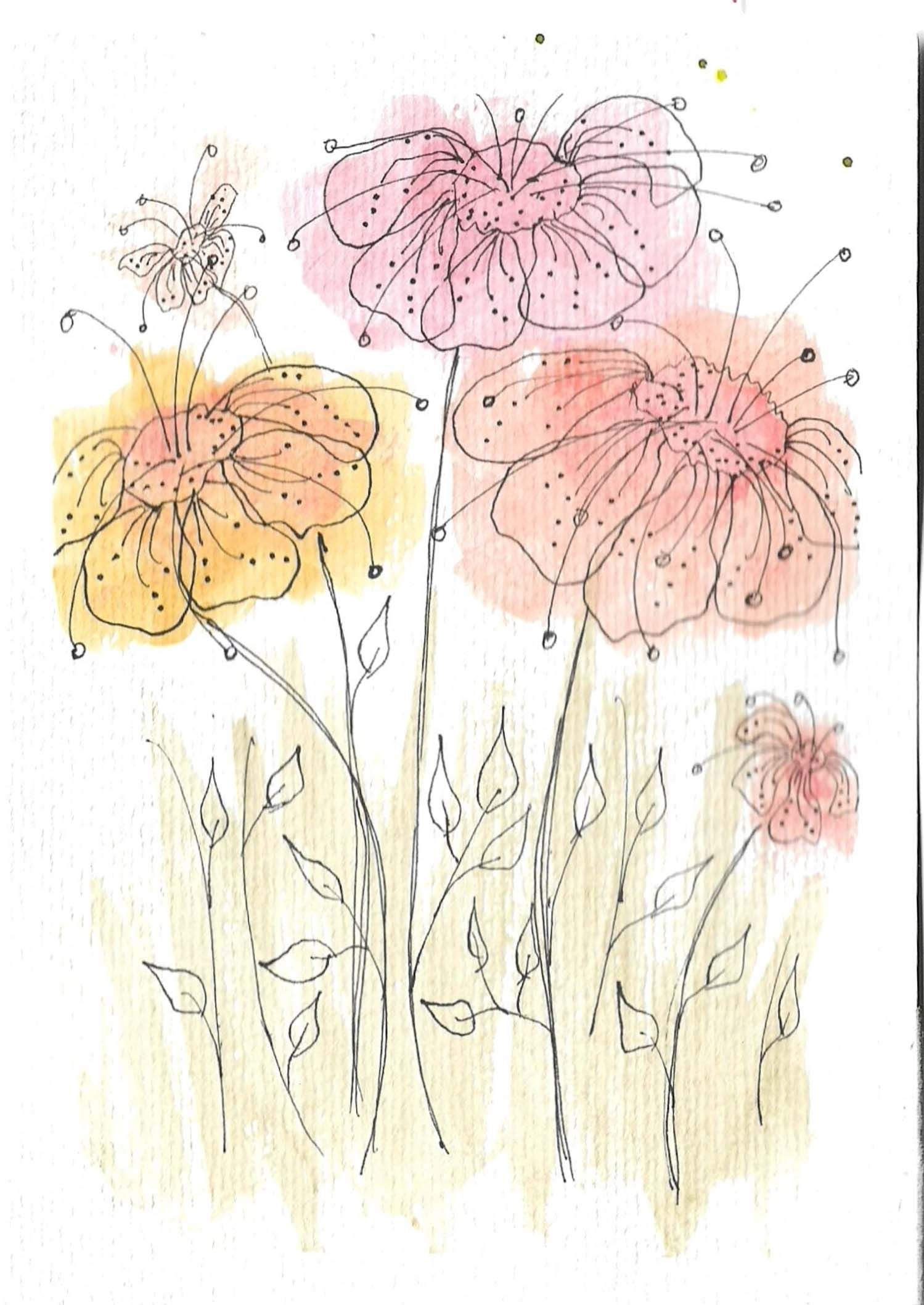 Delicate watercolor sketch of pink and peach flowers with wispy stems and dotted details.
