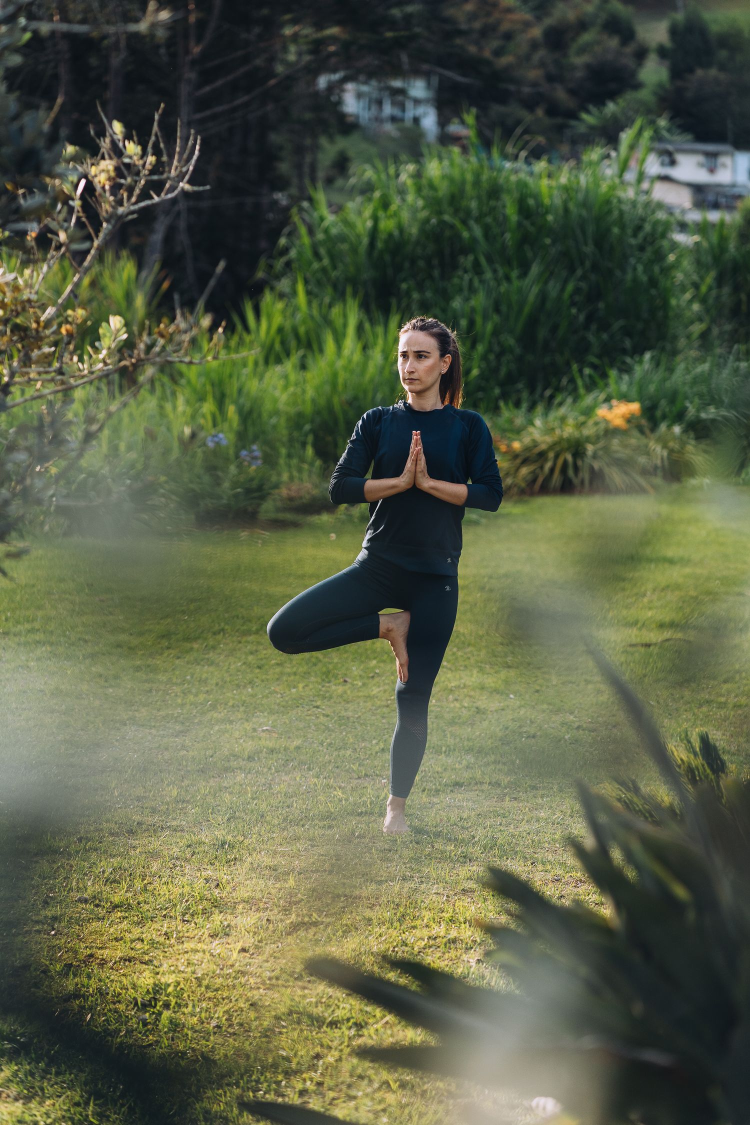 Person doing tree pose yoga on grass with mountains in the distance.