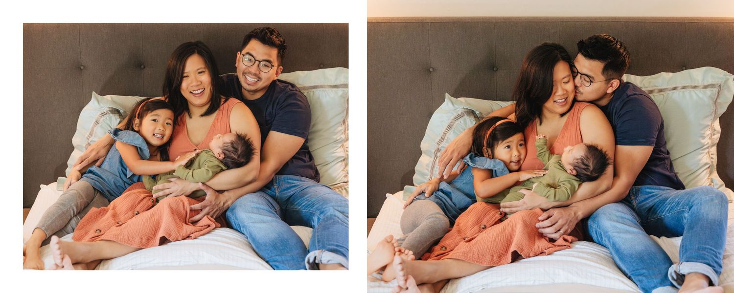 Couple lying together on bed with baby in casual home setting.