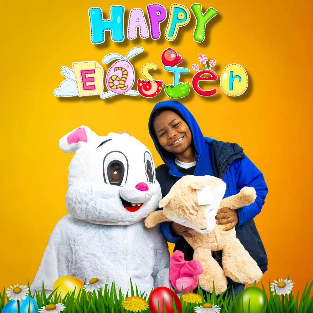 Easter themed photo with decorative text and white bunny character against orange background.