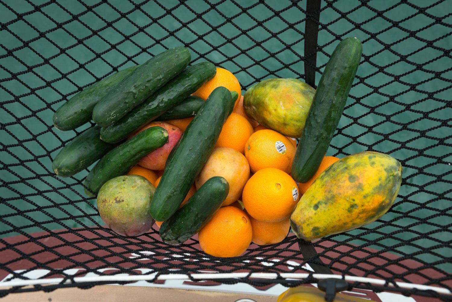 Fresh cucumbers, oranges and papayas displayed on mesh netting.