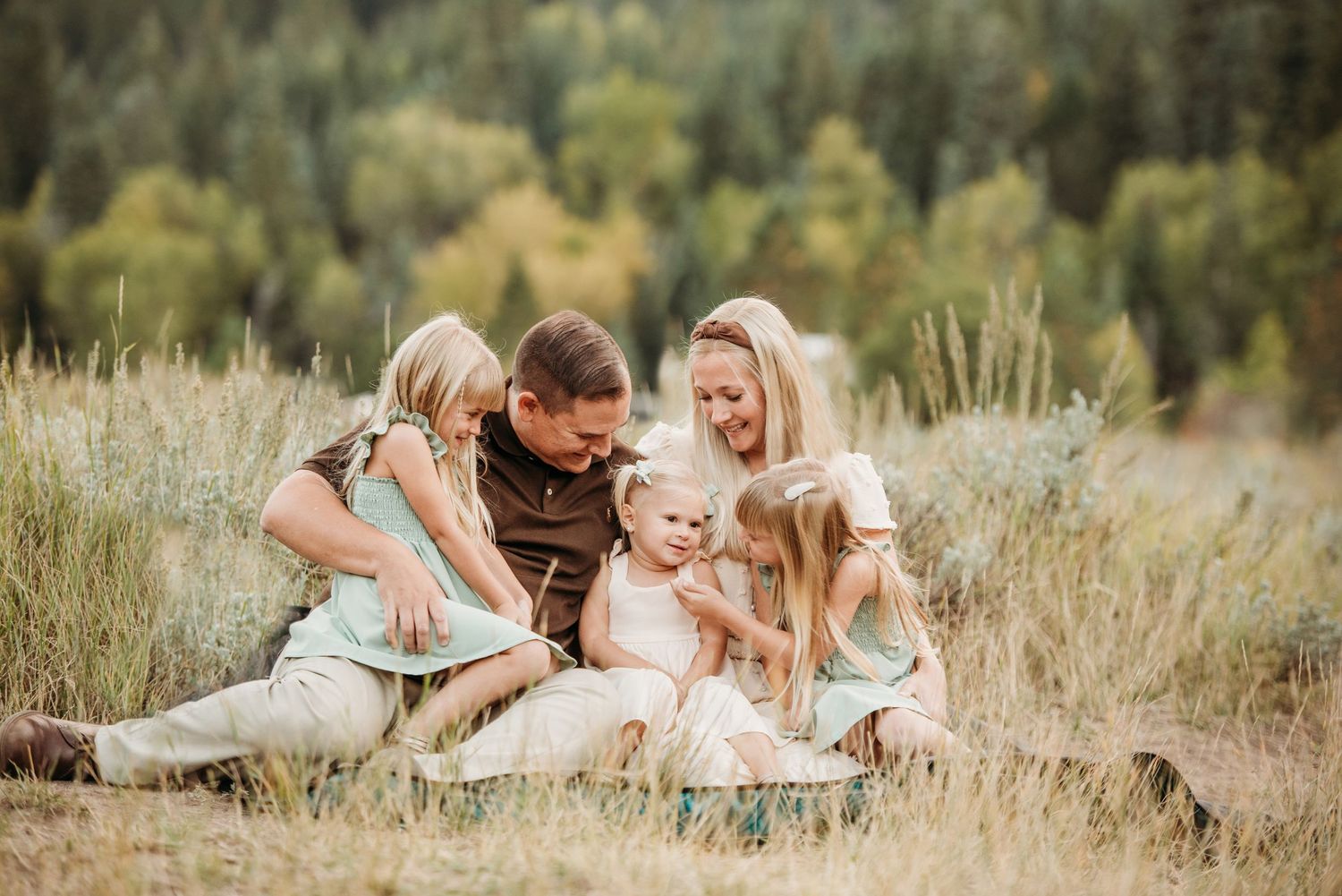 A family sits together in tall grass during golden hour in the mountains.