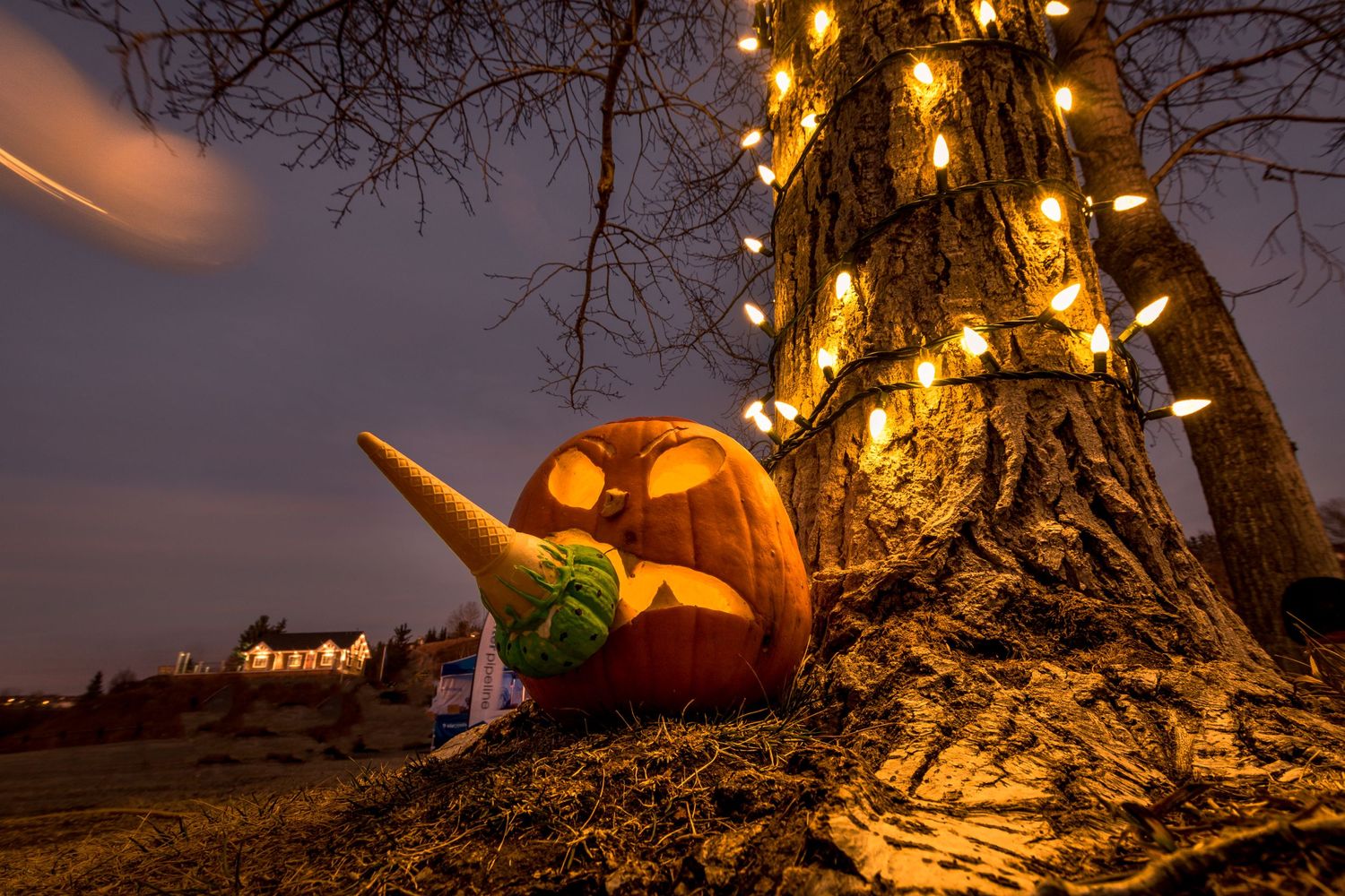 Spooky jack-o-lantern with ice cream cone carving leaning against a light-wrapped tree at night.