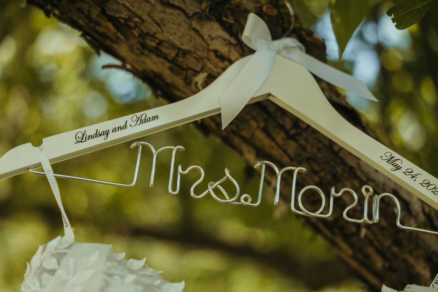 Wedding hangers arranged artistically on a tree branch outdoors.