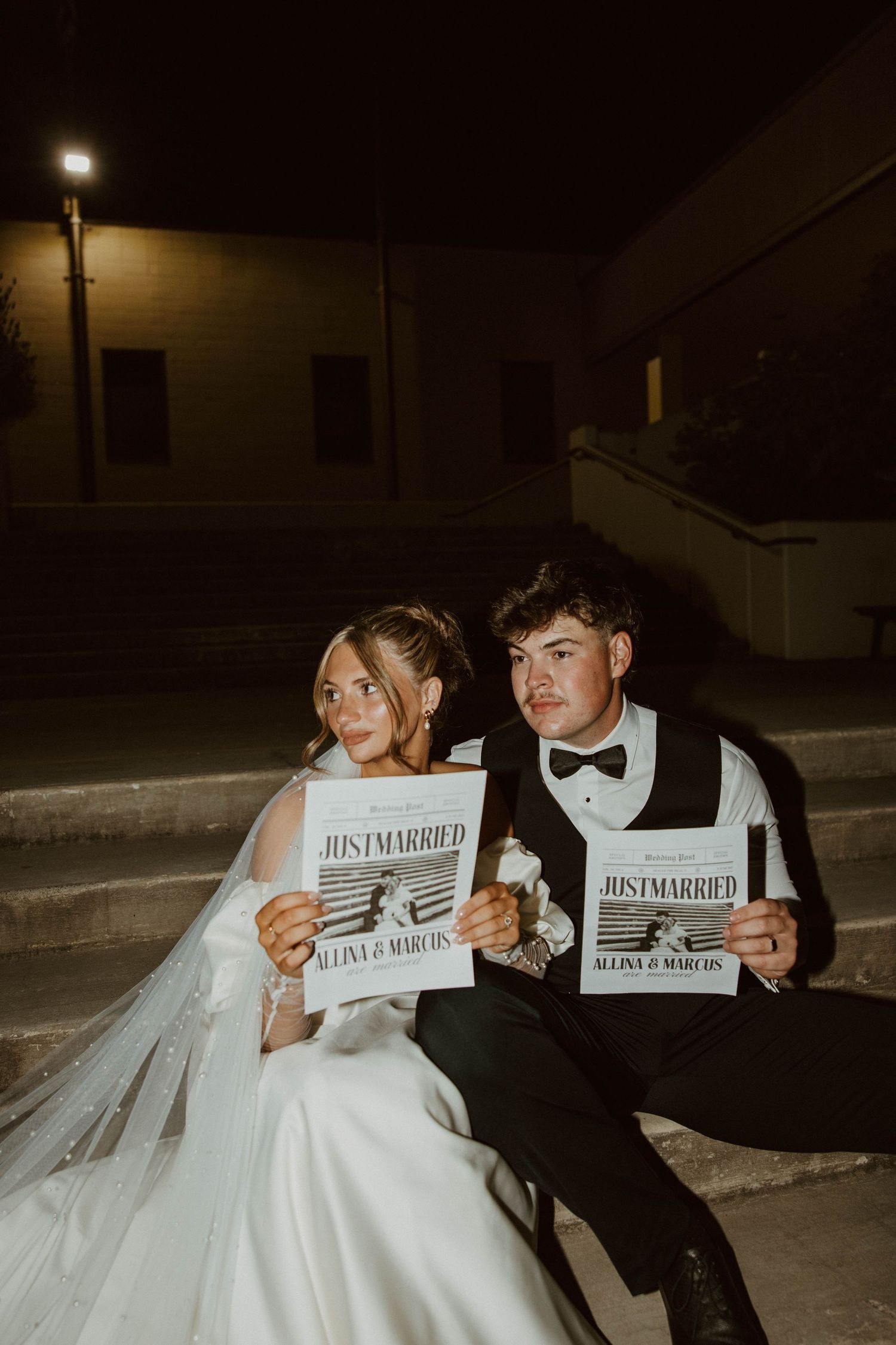 Newlywed couple holds 'Just Married' signs in a playful nighttime photo series.