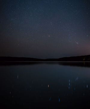 Starry night sky reflected in a calm lake with hills silhouetted against the dark horizon. Noctourism, McGee Creek State Park Oklahoma