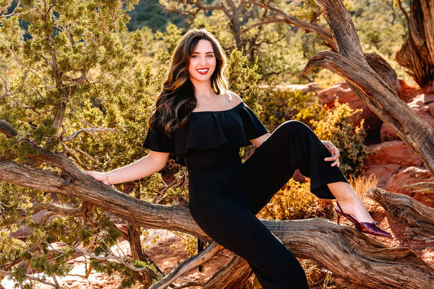 Elegant black jumpsuit portrait posed on tree branch with golden autumn background.